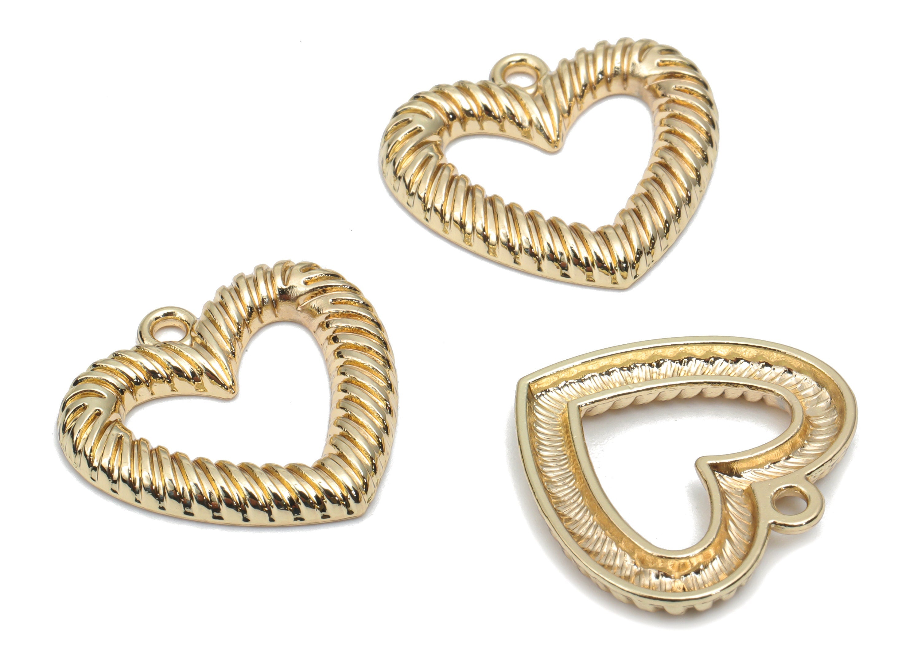 Zinc Alloy Stripe Heart Earring Charms - Alloy Heart Pendant - Gold Tone Plated Alloy - Jewelry Making Supplies - 21.59x20.63x2.6mm - ZZ2000 - DOMEDBAZAAR