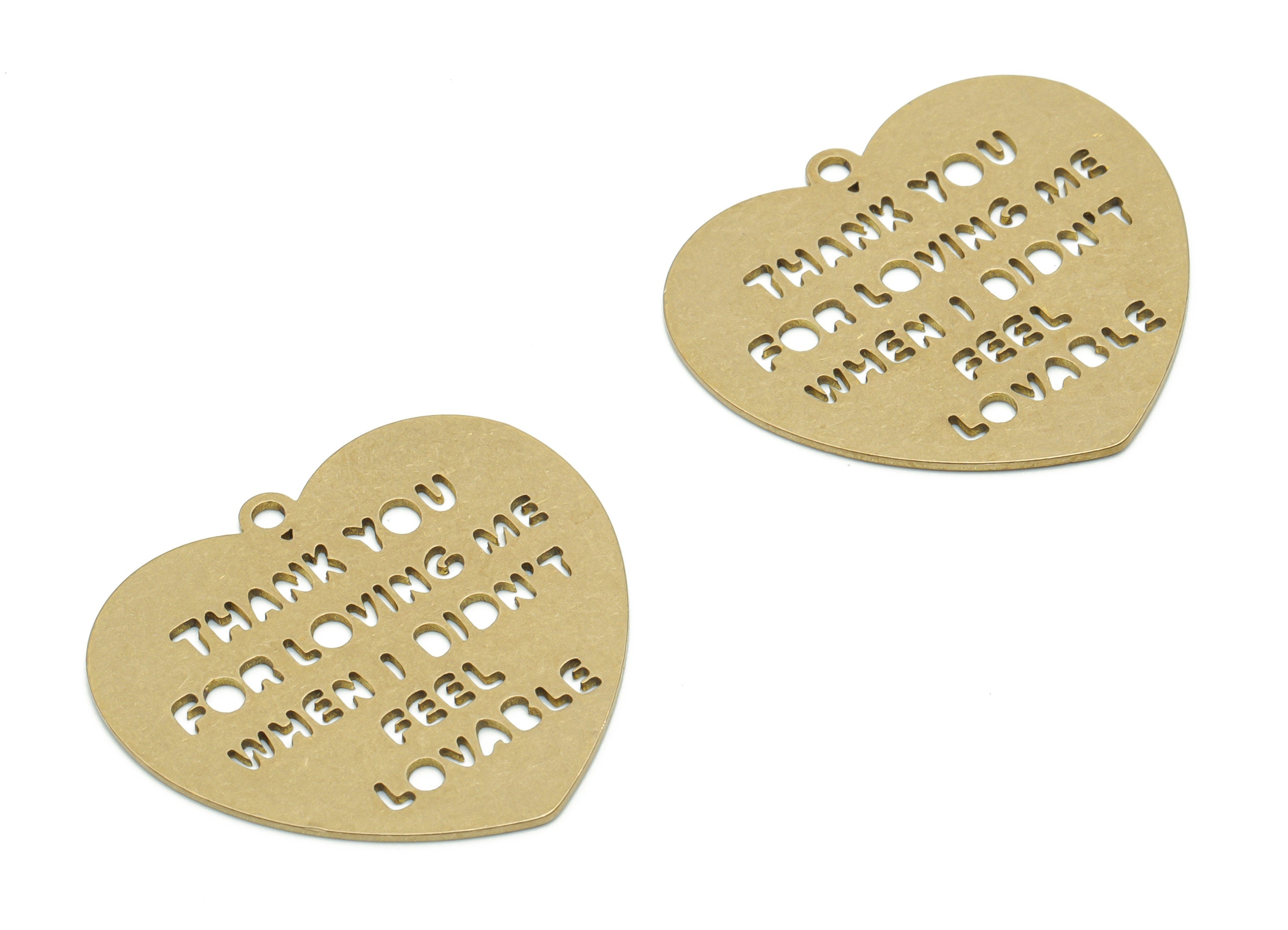 Customized Brass Heart Charms - Personalized Raw Brass Phrase Pendant - Custom Handwriting Keyring - DIY Earring - 34.8x32.4x0.8mm - PPZ0134 - DOMEDBAZAAR