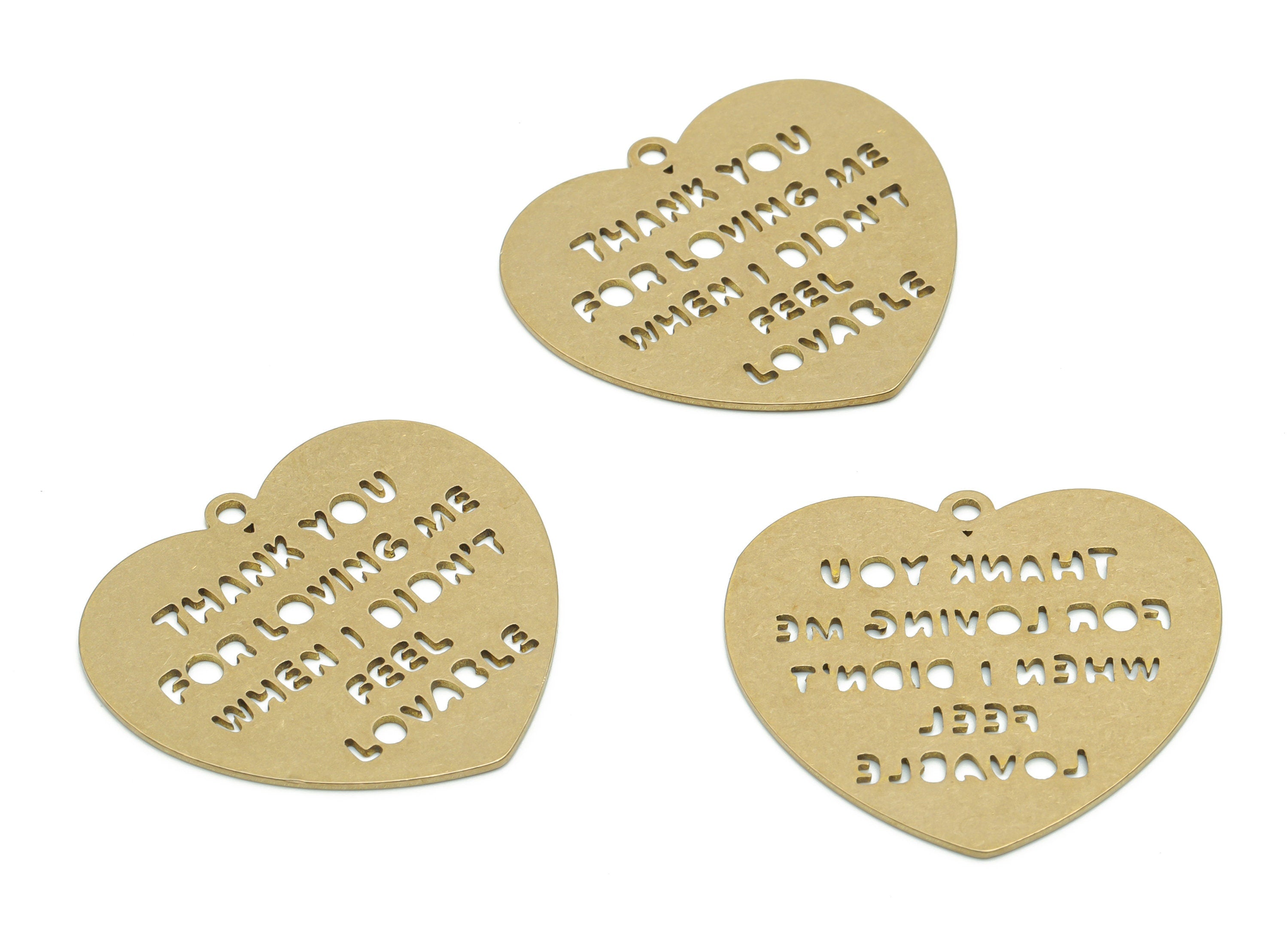 Customized Brass Heart Charms - Personalized Raw Brass Phrase Pendant - Custom Handwriting Keyring - DIY Earring - 34.8x32.4x0.8mm - PPZ0134 - DOMEDBAZAAR