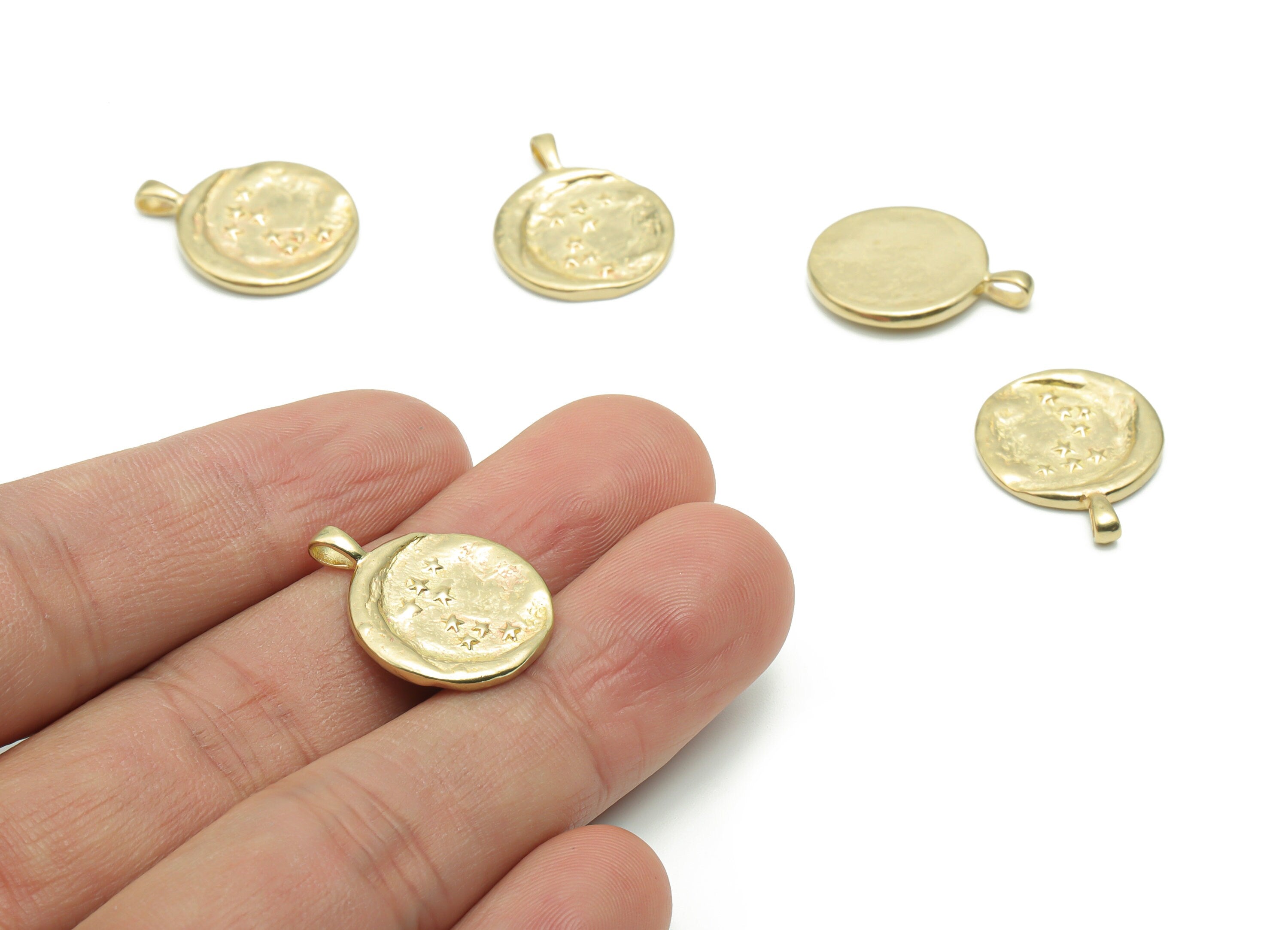 Brass Round Moon Star Earring Charms - Raw Brass Circle Crescent Pendant - DIY Jewelry Making Supplies - 21.65x17.26x1.68mm - PP5033 - DOMEDBAZAAR