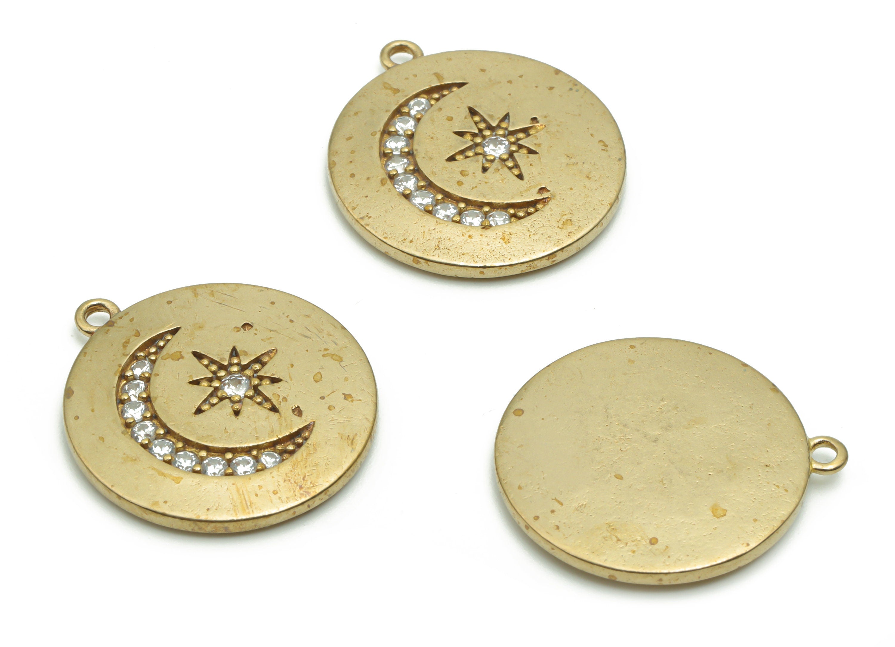 Brass Round Moon Star Earring Charms With Zircons - Raw Brass Circle Crescent Pendant - Jewelry Making Supplies - 22.27x20.26x2.5mm - PP4996 - DOMEDBAZAAR
