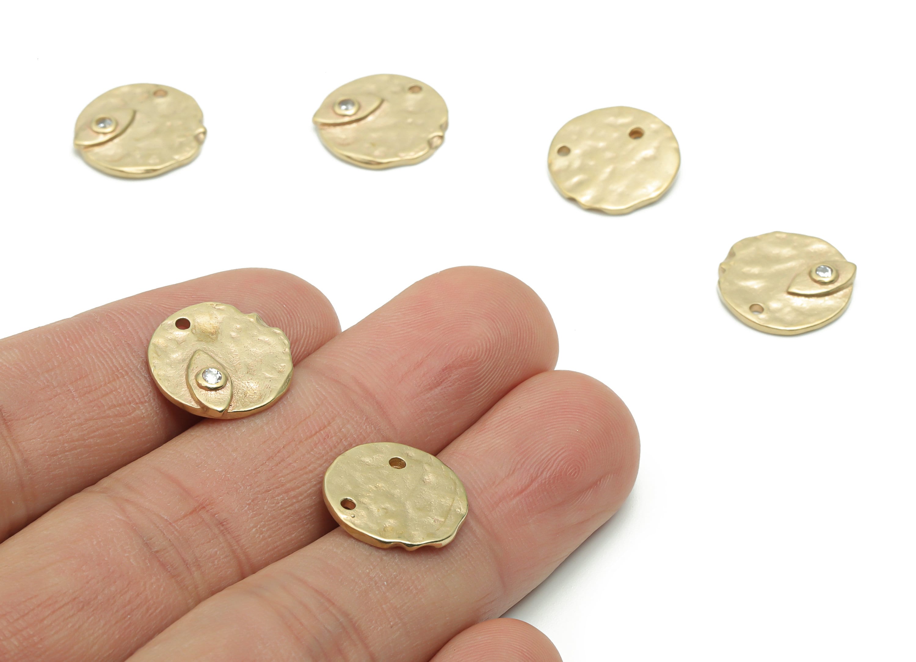 Brass Hammered Round Eye Earring Charms With Zircons - Raw Brass Eye Circle Pendant - Jewelry Making Supplies - 14.56x14.43x2.65mm - PP5045 - DOMEDBAZAAR