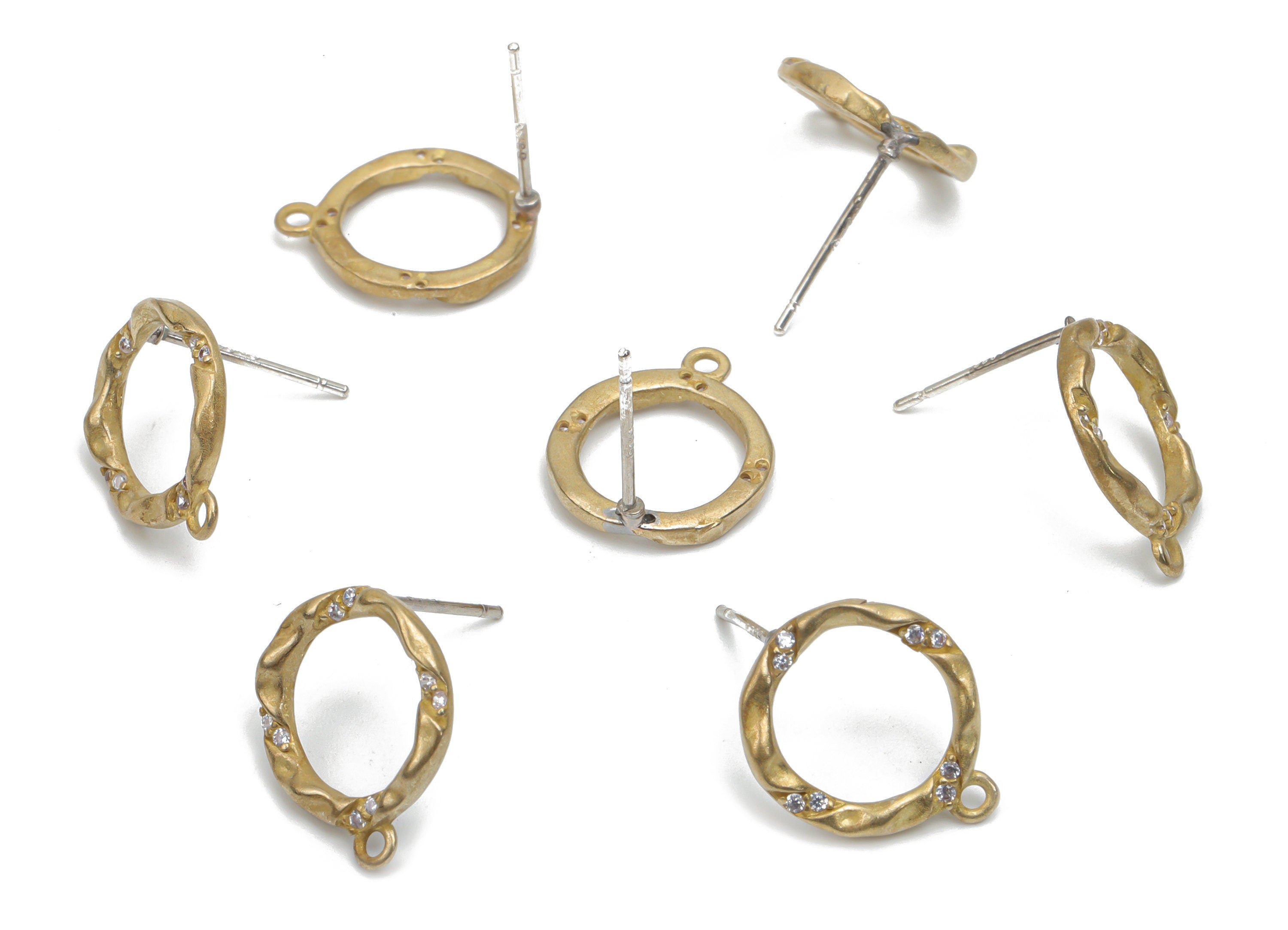 Brass Round Earring Stud With Zircons - Raw Brass Hoop Earring Post With Loop - Silver Plated Cupronickel Stud - 17.49x13.73x1.88mm - PP5126 - DOMEDBAZAAR