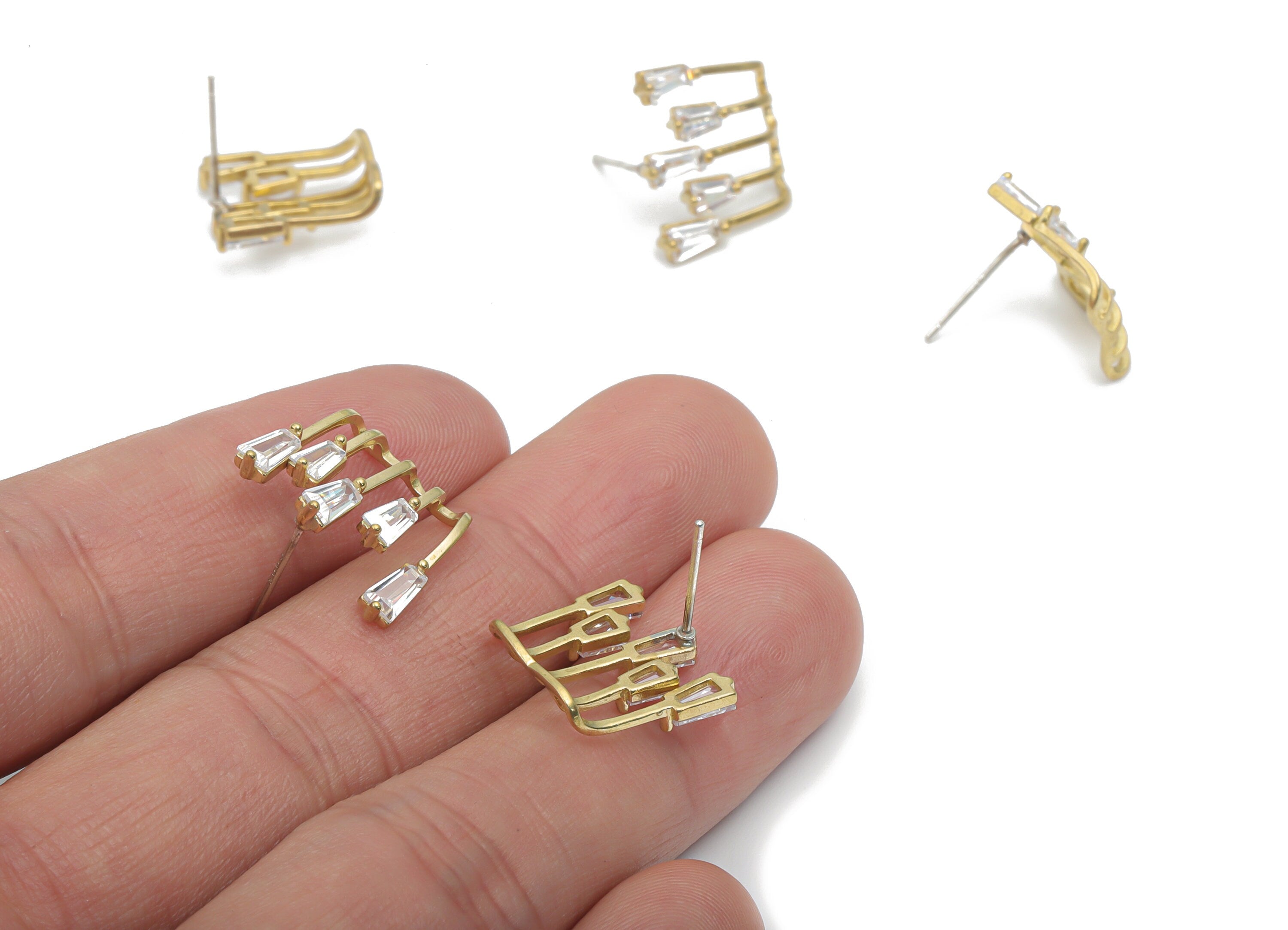 Brass Irregular Earring Stud With Zircons - Raw Brass Earring Wire Post - Silver Plated Cupronickel Stud - 18.63x14.23x2.73mm - PP5129 - DOMEDBAZAAR