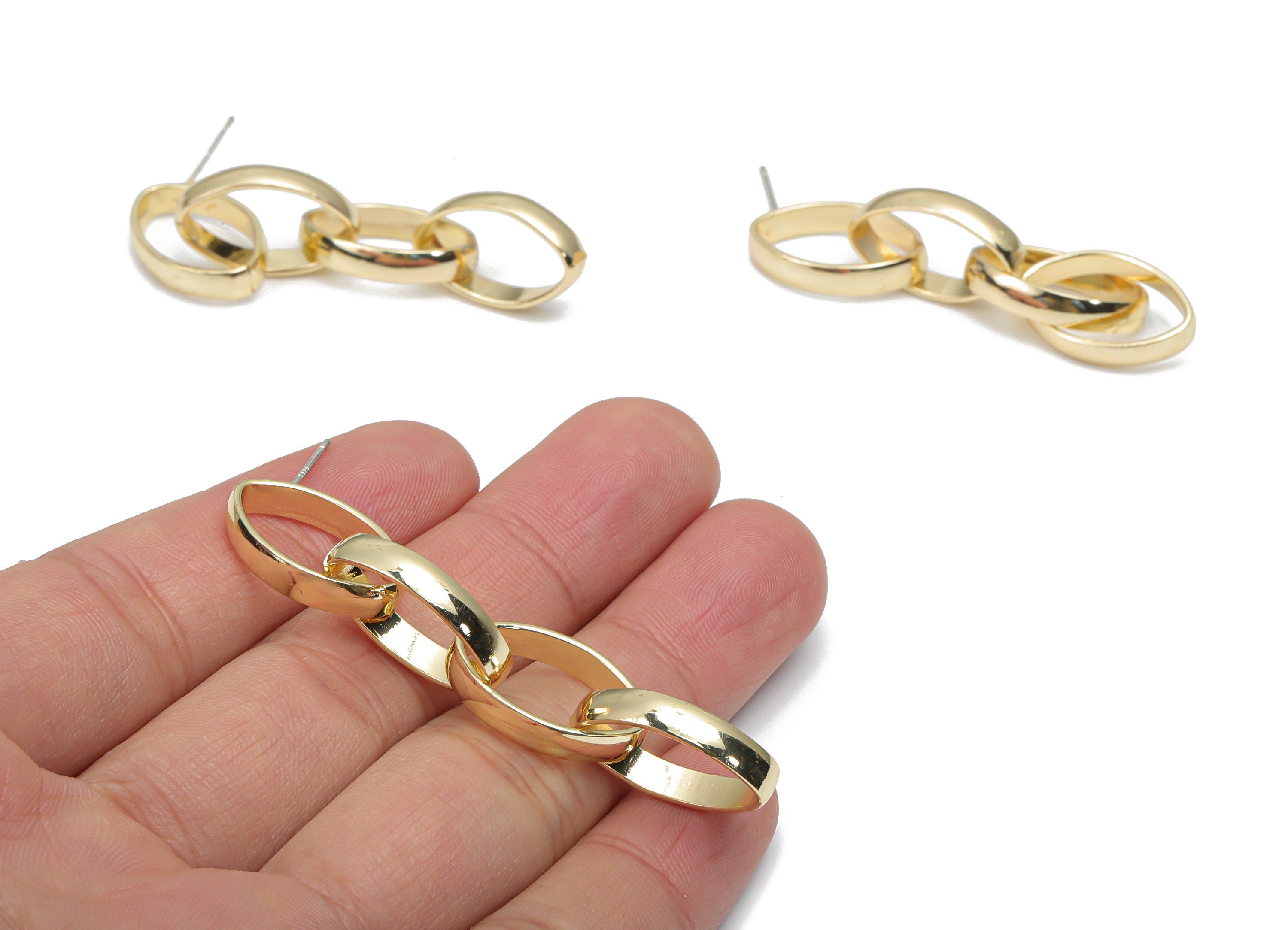 Alloy Ovals Earring Stud - Cable Chain Earring Post - Silver Plated White Brass Stud - Gold Tone Plated Alloy - 66.23x12.84x1.27mm - ZZ1978 - DOMEDBAZAAR
