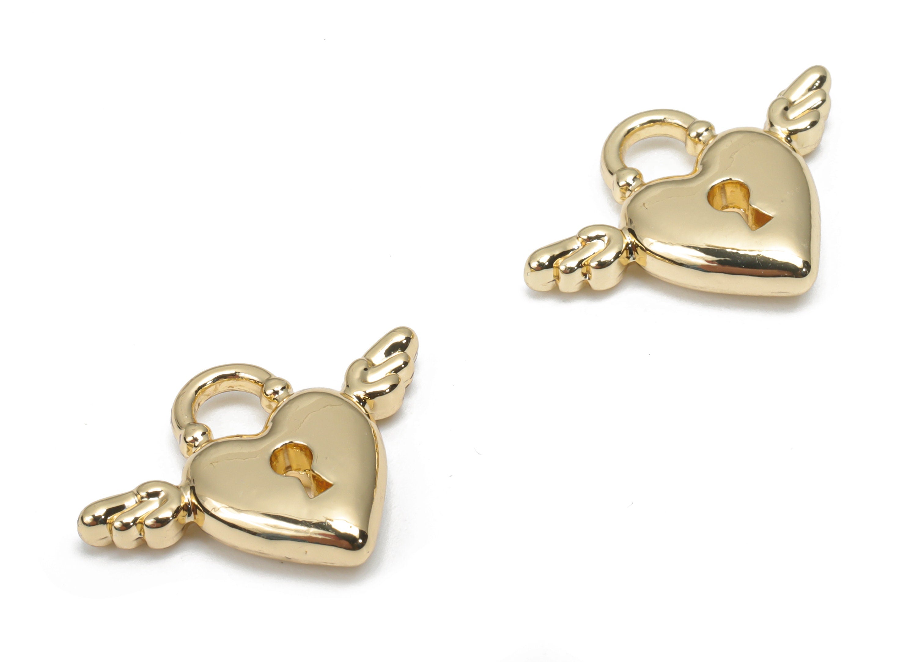 Alloy Heart Earring Charms - Alloy Wing Key Pendant - Gold Tone Plated Alloy - Jewelry Making Supplies - 17.66x13.32x3.26mm - ZZ2005 - DOMEDBAZAAR