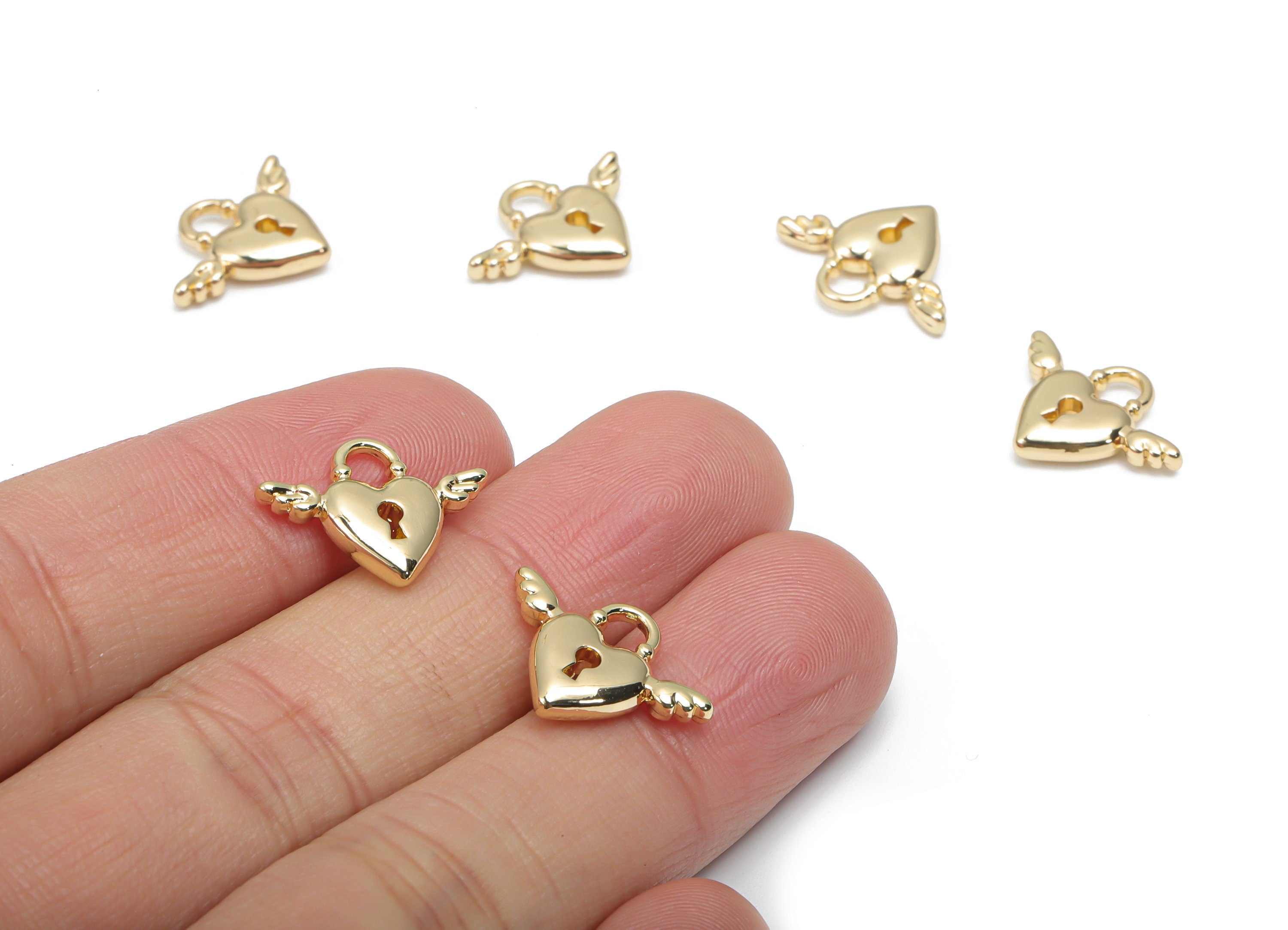 Alloy Heart Earring Charms - Alloy Wing Key Pendant - Gold Tone Plated Alloy - Jewelry Making Supplies - 17.66x13.32x3.26mm - ZZ2005 - DOMEDBAZAAR