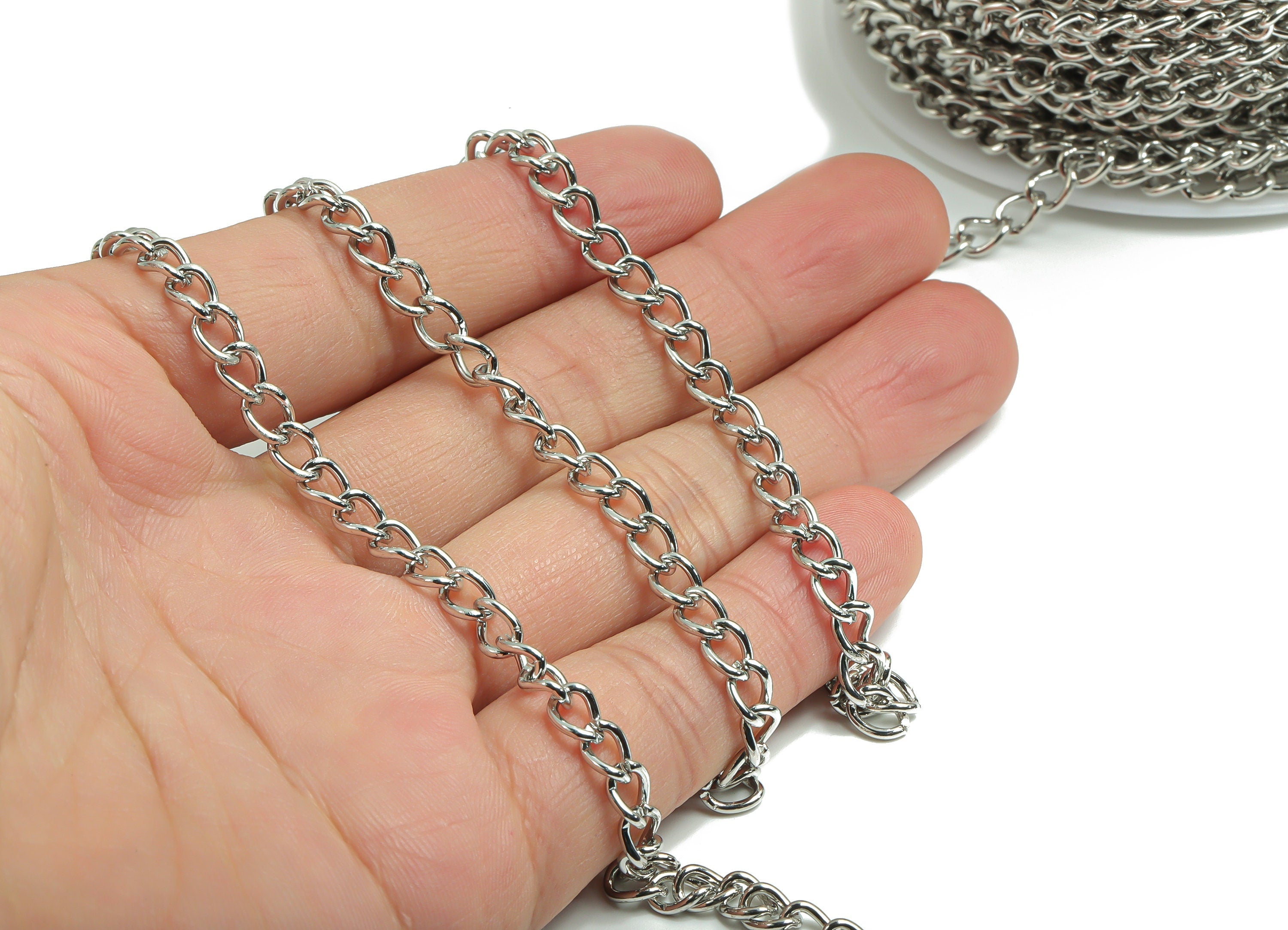 18K White Gold Curb Chain - 18K Real White Gold Plated Iron Military Chain - Keychain - Open Link Chain - 0.26&quot; x 0.19&quot; x 0.04&quot; - RGP4302S - DOMEDBAZAAR
