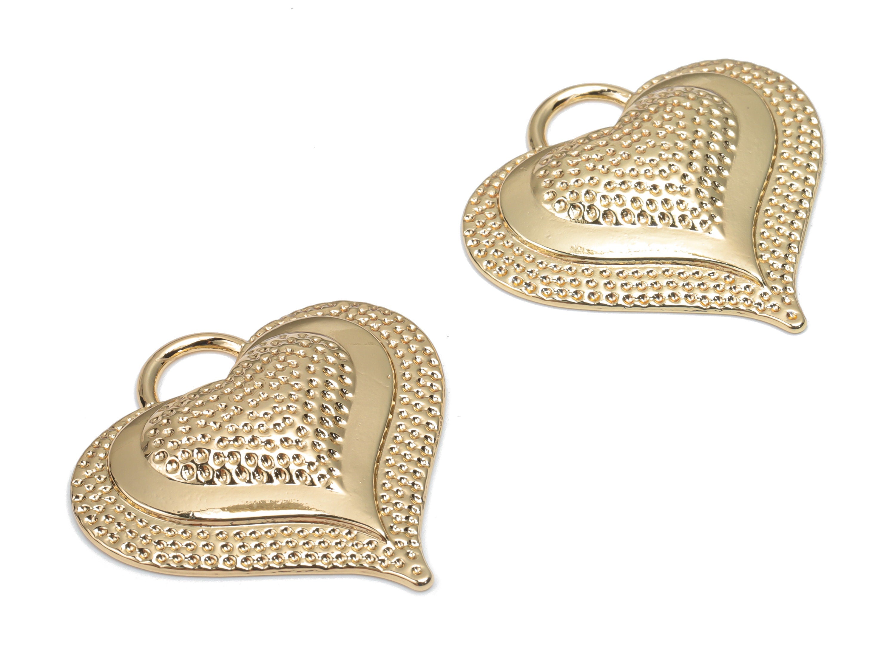 Zinc Alloy Hammered Heart Earring Charms - Alloy Heart Pendant - Gold Tone Plated Alloy - Jewelry Making Supplies - 34x33.83x2.68mm - ZZ1986 - DOMEDBAZAAR