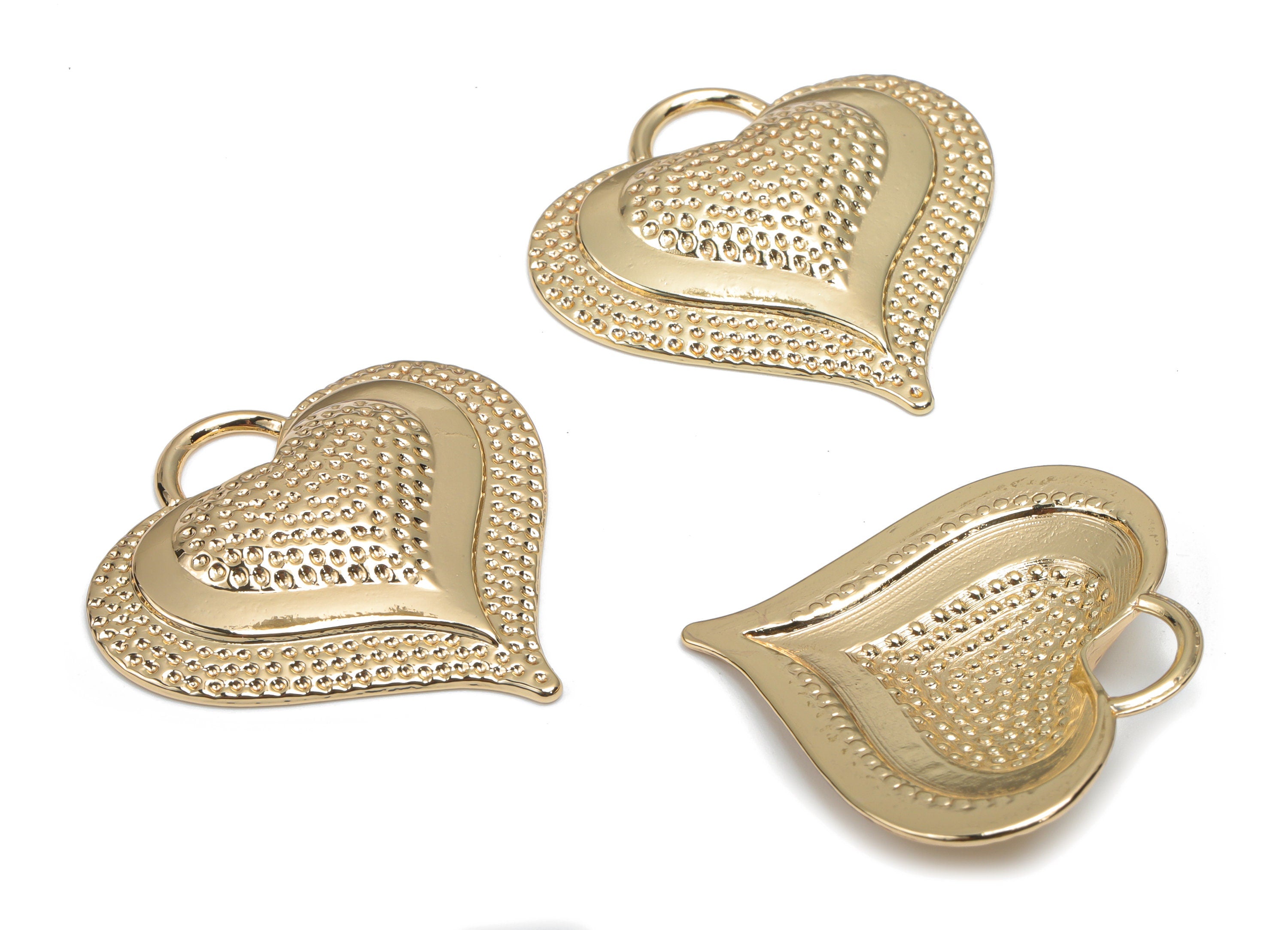 Zinc Alloy Hammered Heart Earring Charms - Alloy Heart Pendant - Gold Tone Plated Alloy - Jewelry Making Supplies - 34x33.83x2.68mm - ZZ1986 - DOMEDBAZAAR