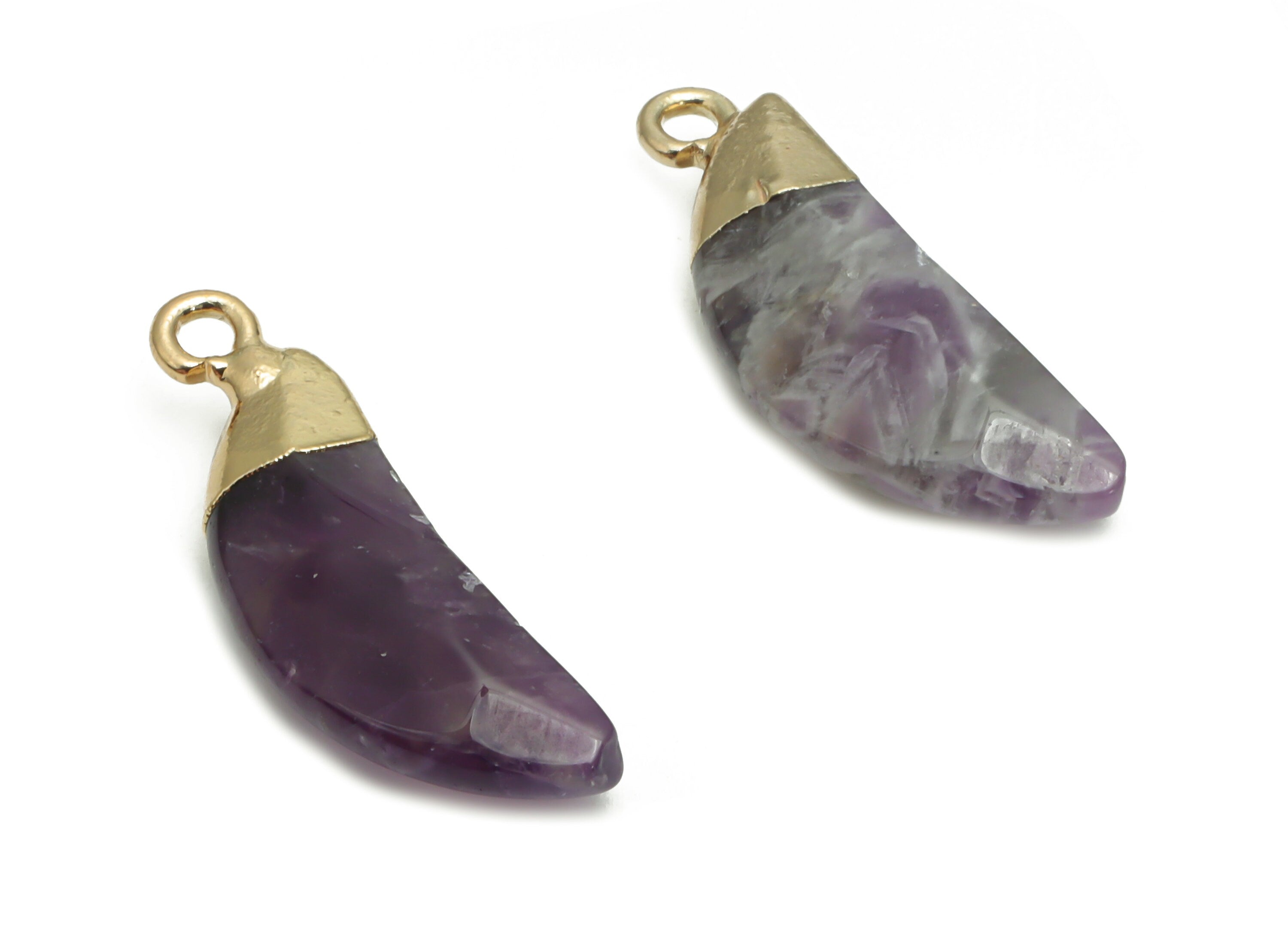 Amethyst Crescent Earring Charms - Brass Moon Pendant - Natural Stone - Gold Tone Plated Brass – Jewelry Supplies - 26.7x9.6x4.7mm – NS1598E - DOMEDBAZAAR