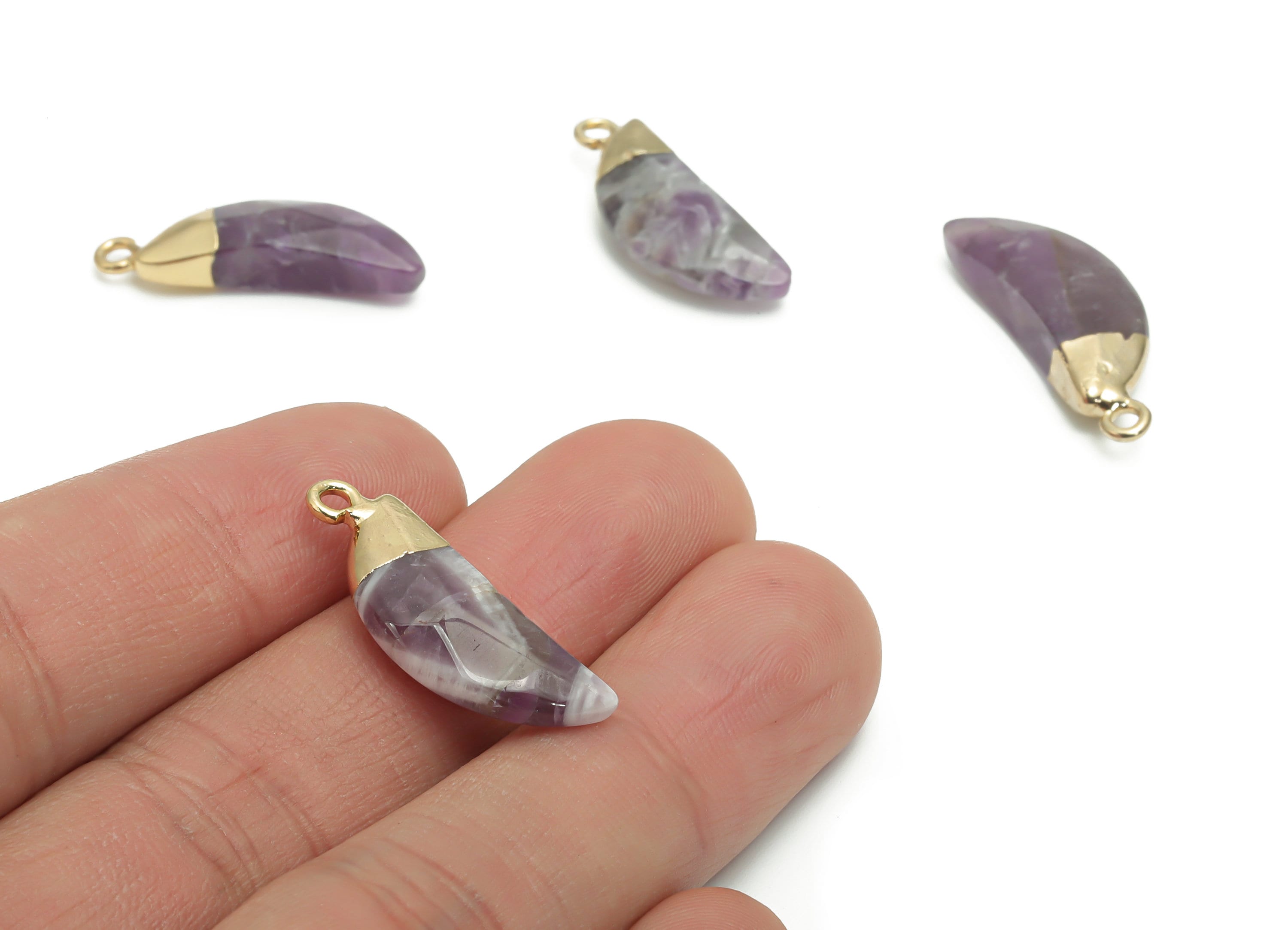 Amethyst Crescent Earring Charms - Brass Moon Pendant - Natural Stone - Gold Tone Plated Brass – Jewelry Supplies - 26.7x9.6x4.7mm – NS1598E - DOMEDBAZAAR