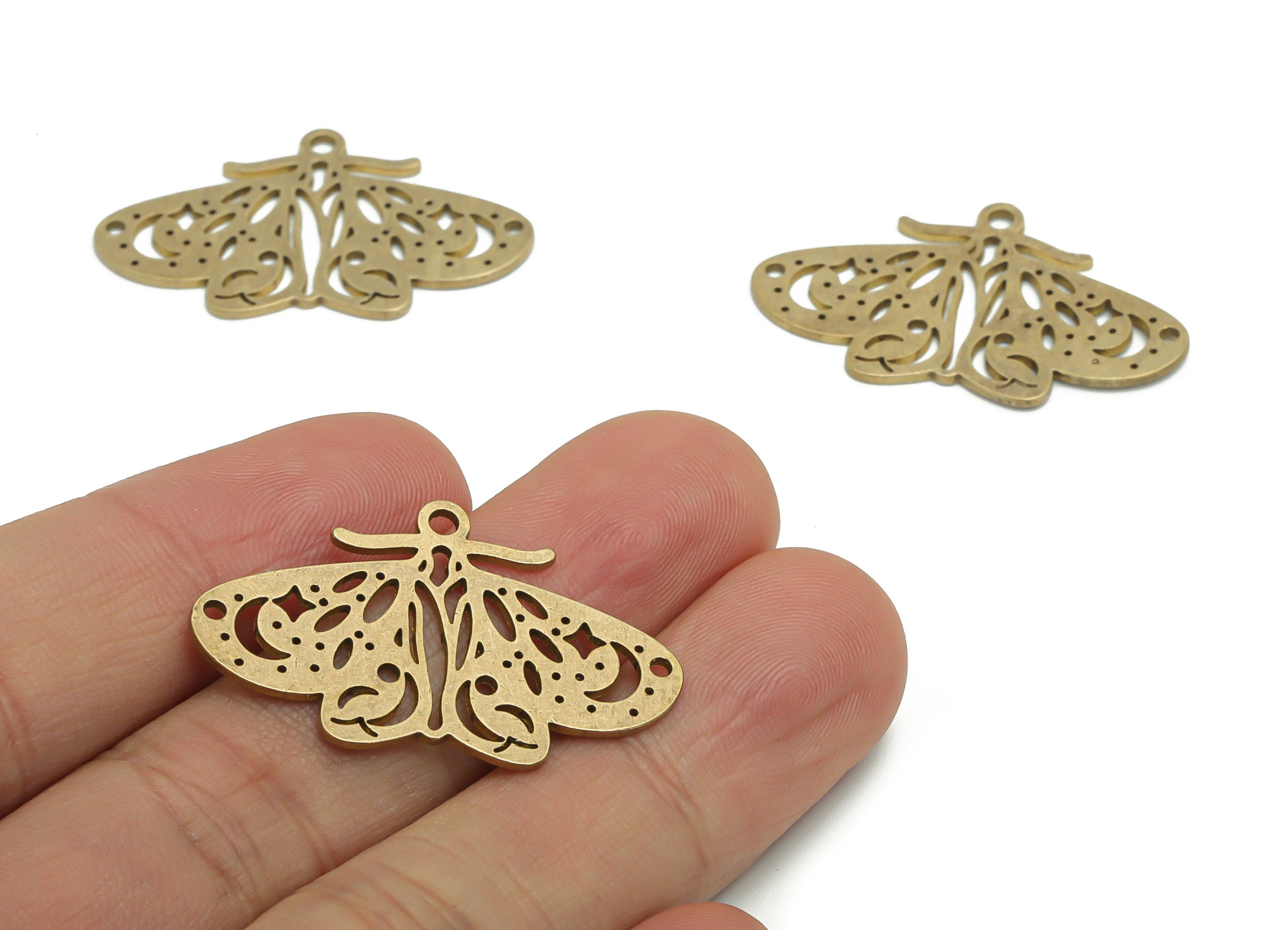 Brass Moth Planet Crescent Earring Charms - Raw Brass Moth Moon Star Pendant - DIY Jewelry Making Supplies - 34.49x21.37x0.9mm - PPA2378 - DOMEDBAZAAR