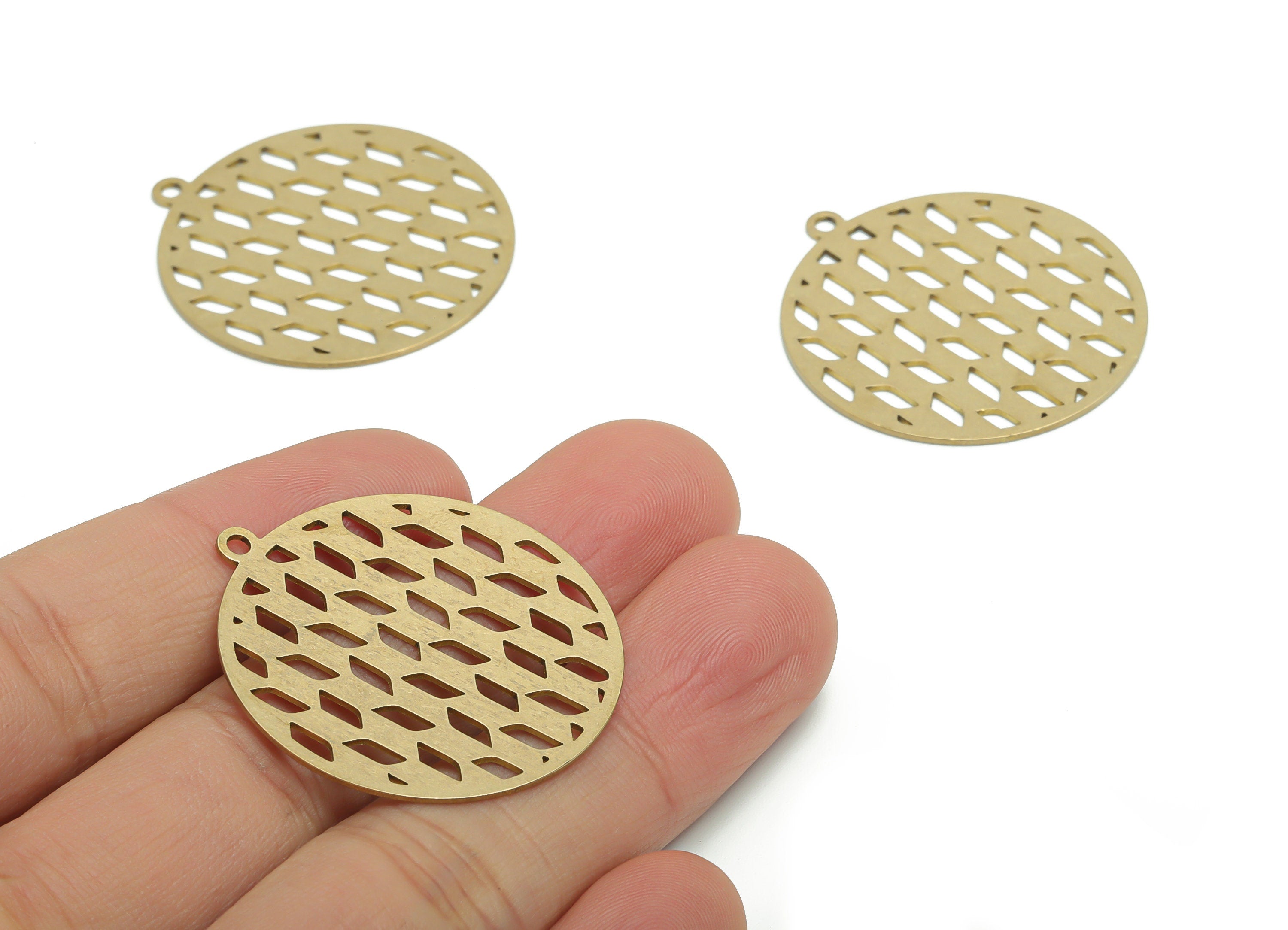 Brass Round Lattice Earring Charms - Raw Brass Lattice Circle Pendant - Jewelry Making Supplies - 35.86x32.96x0.65mm - PPA2243 - DOMEDBAZAAR
