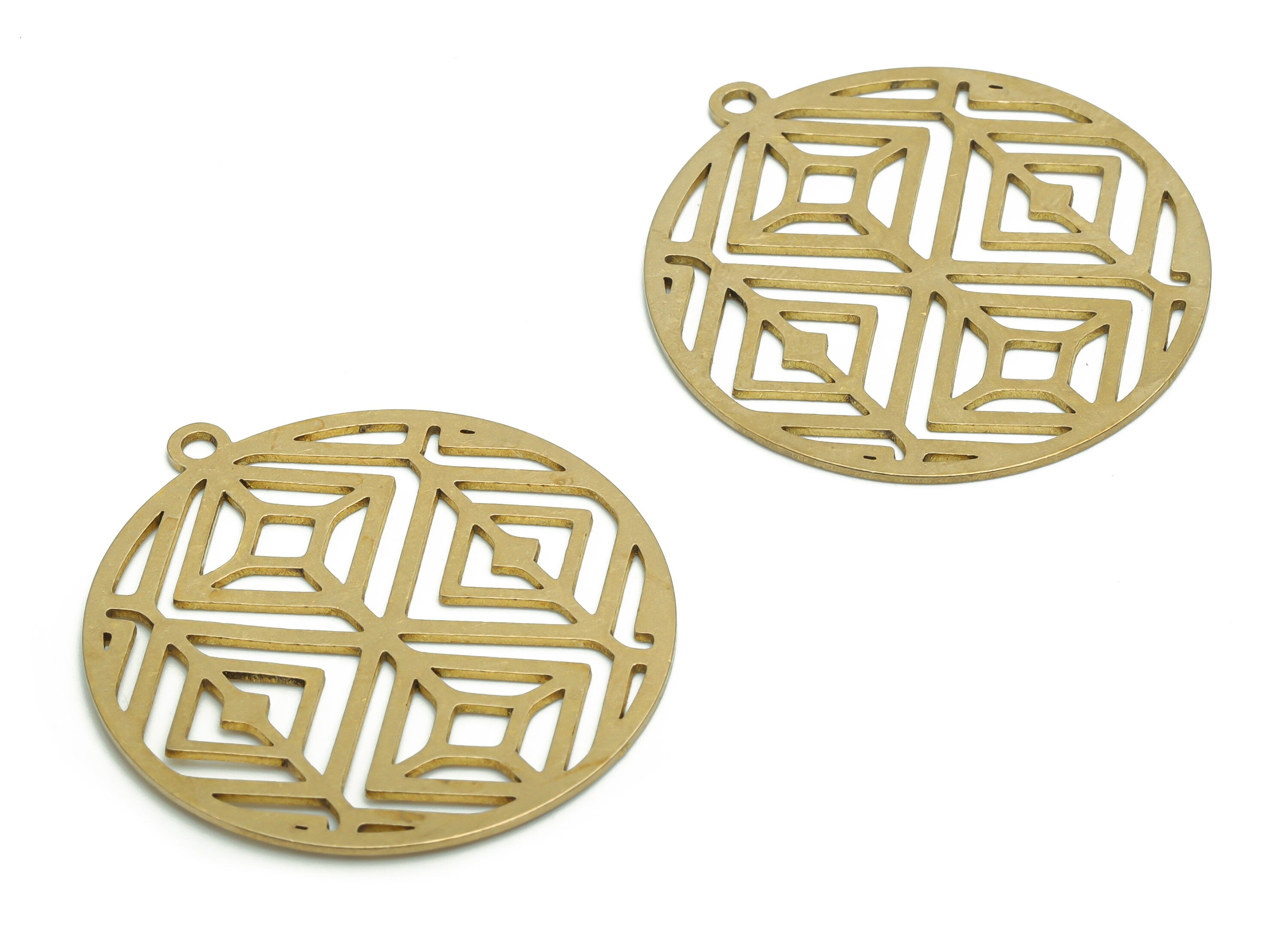 Brass Round Rhombic Earring Charms - Raw Brass Diamond Circle Pendant - Jewelry Making Supplies - 35.76x32.89x0.66mm - PPA2245 - DOMEDBAZAAR