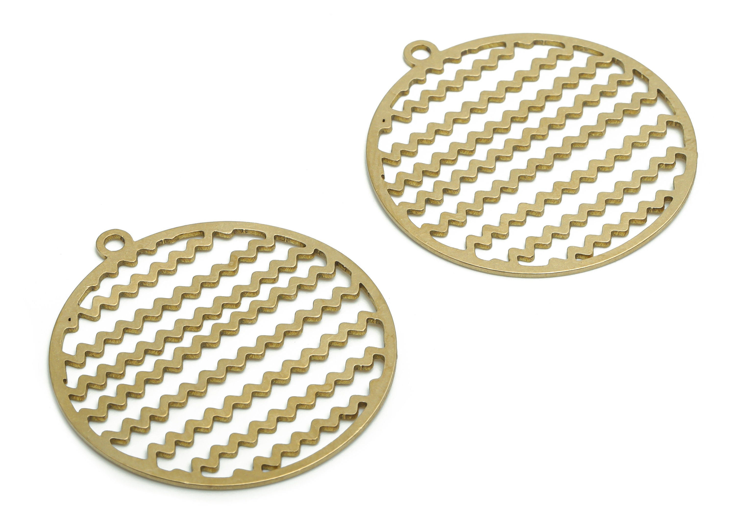 Brass Waves Round Earring Charms - Raw Brass Waves Circle Pendant - Jewelry Making Supplies - 35.64x33.02x0.7mm - PPA2244 - DOMEDBAZAAR