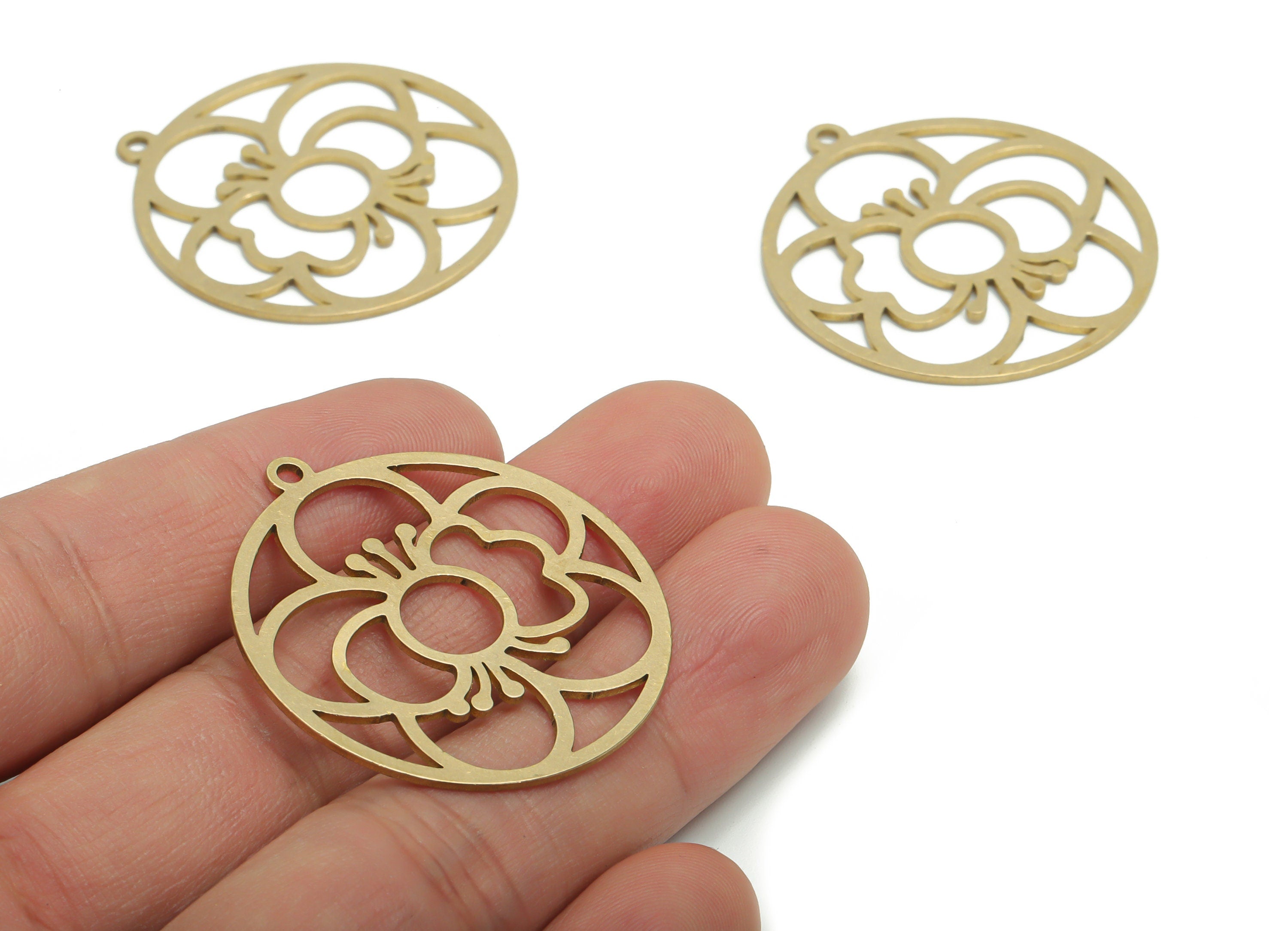 Brass Round Flower Earring Charms - Raw Brass Sun Circle Pendant - Jewelry Making Supplies - 37.87x34.81x0.94mm - PPA1938 - DOMEDBAZAAR