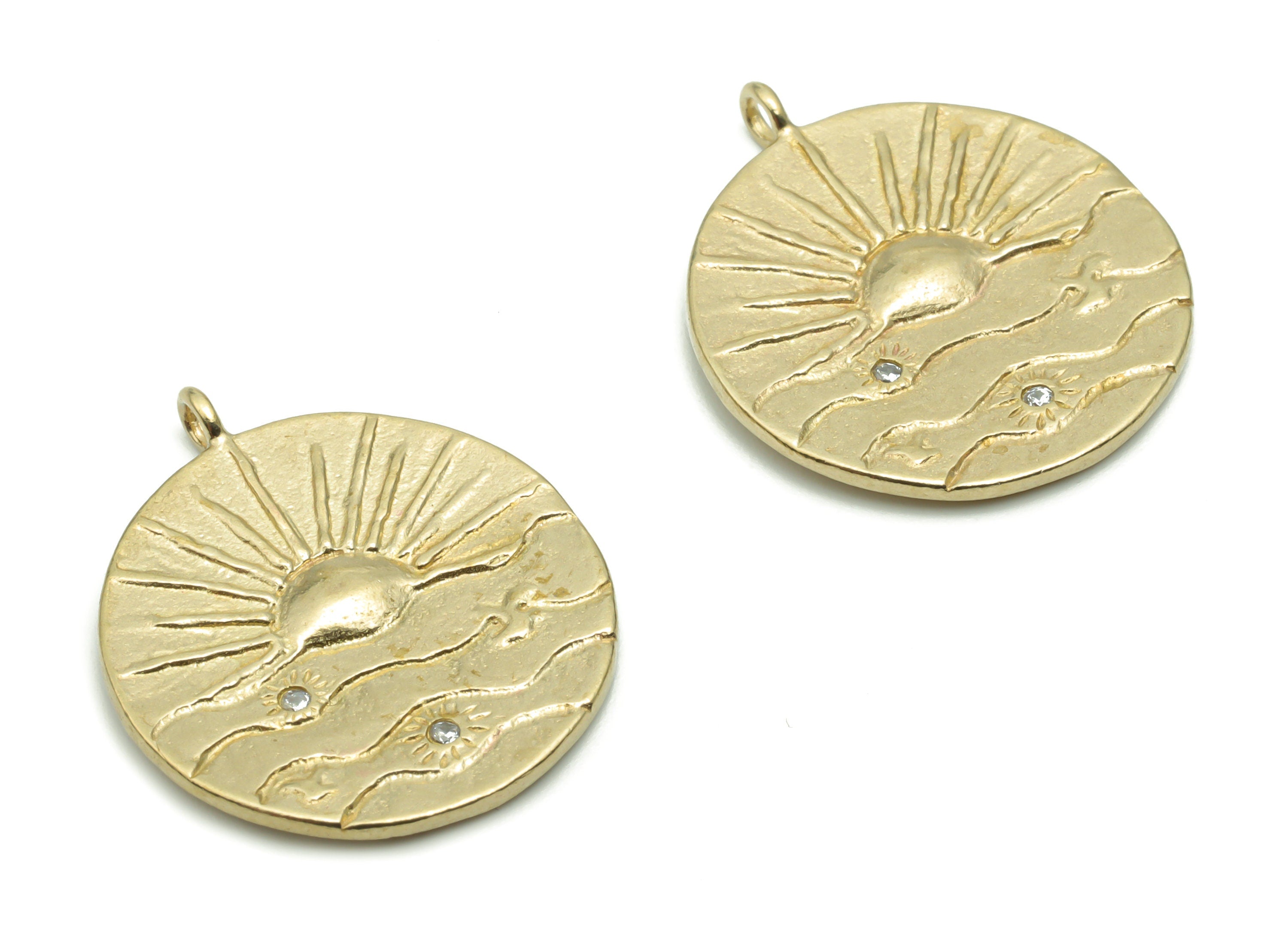 Brass Texture Round Sea Sparkle Earring Charms With Zircons - Raw Brass Sun Waves Pendant - Jewelry Supplies - 22.21x19.26x1.32mm - PP5044 - DOMEDBAZAAR