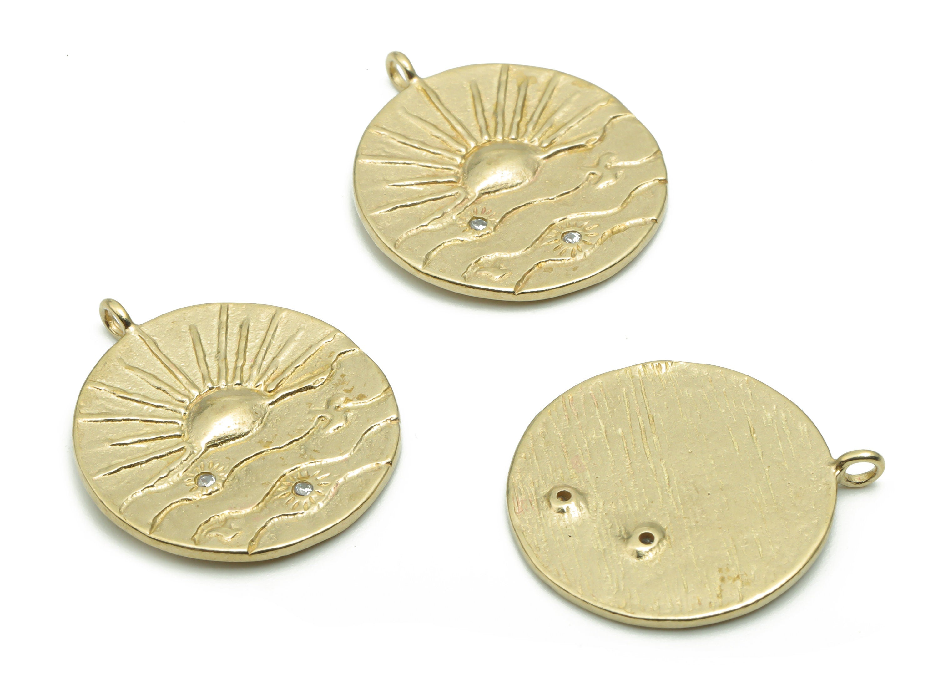 Brass Texture Round Sea Sparkle Earring Charms With Zircons - Raw Brass Sun Waves Pendant - Jewelry Supplies - 22.21x19.26x1.32mm - PP5044 - DOMEDBAZAAR