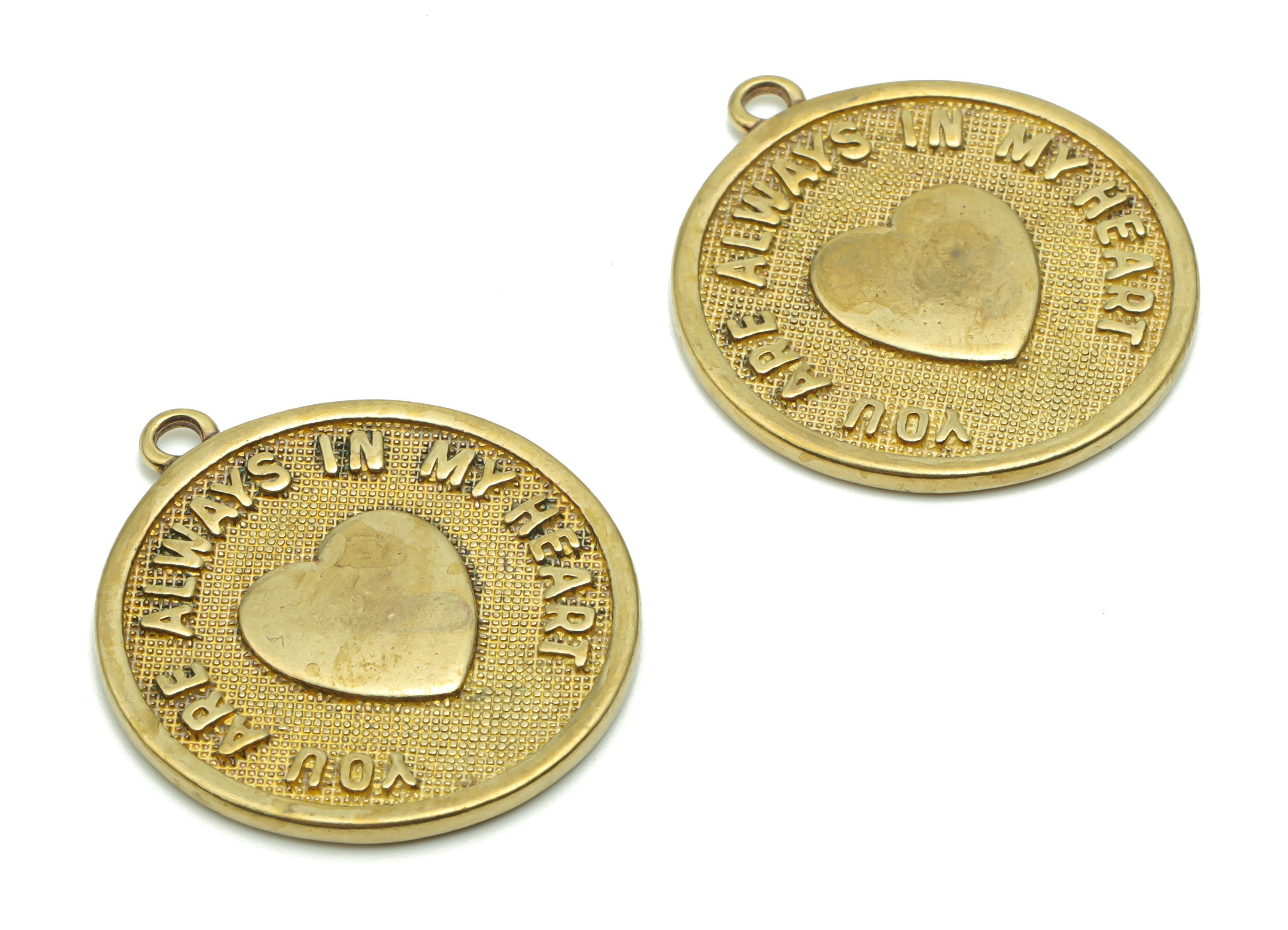Brass You Are Always In My Heart Earring Charms - Raw Brass Round Heart Phrase Words Pendant - Jewelry Supplies - 25.03x22.15x1.4mm - PP4993 - DOMEDBAZAAR