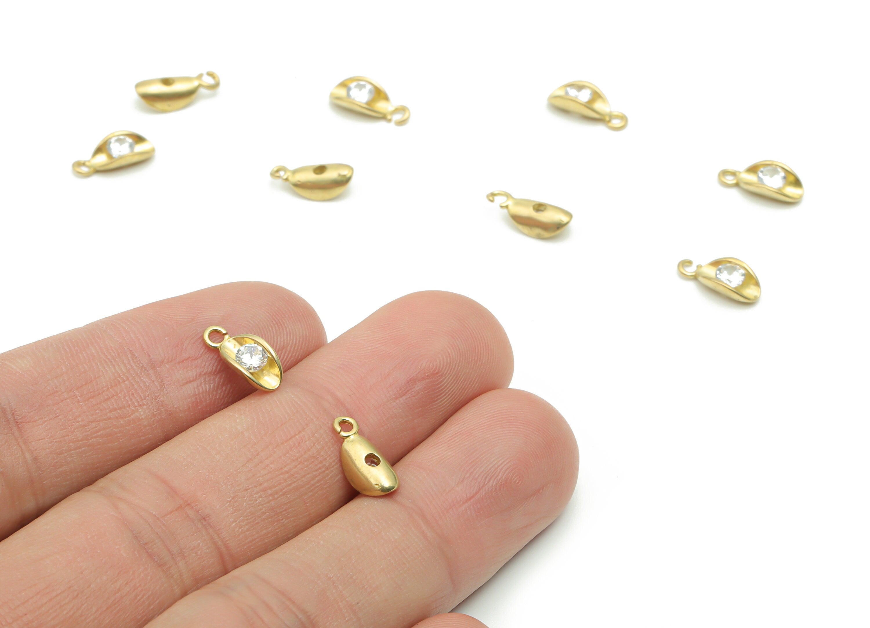Brass Mini Oval Earring Charms With Zircons - Raw Brass Mini Oval Pendant - Jewelry Making Supplies - 10.64x4.75x3.13mm - PP4983 - DOMEDBAZAAR