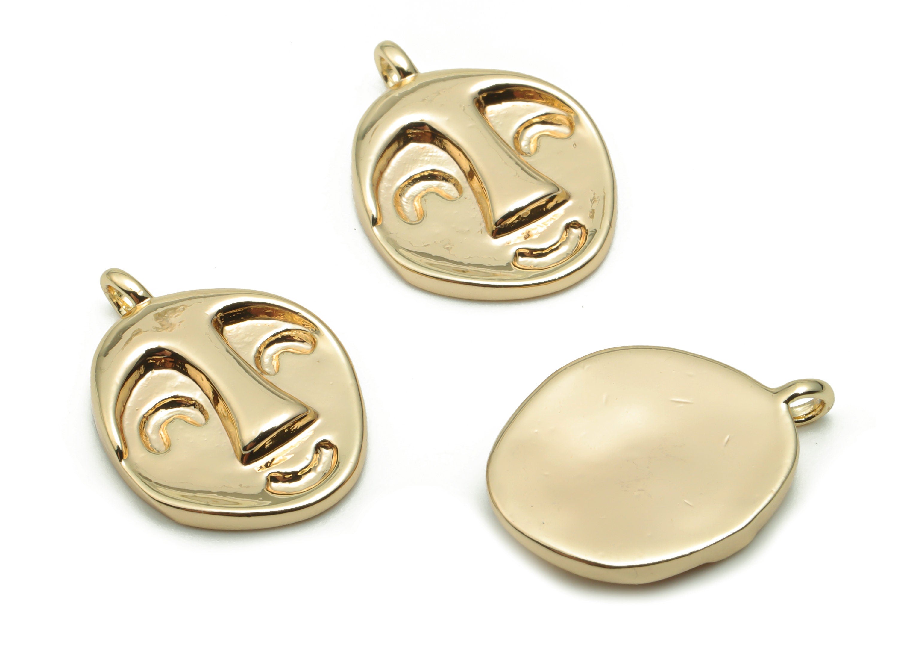 Brass Oval Face Earring Charms - Gold Woman Smiley Artistic Oval Pendant - 18K Real Gold Plated Brass - 17.01x12.2x2.6mm -RGP4264 - DOMEDBAZAAR