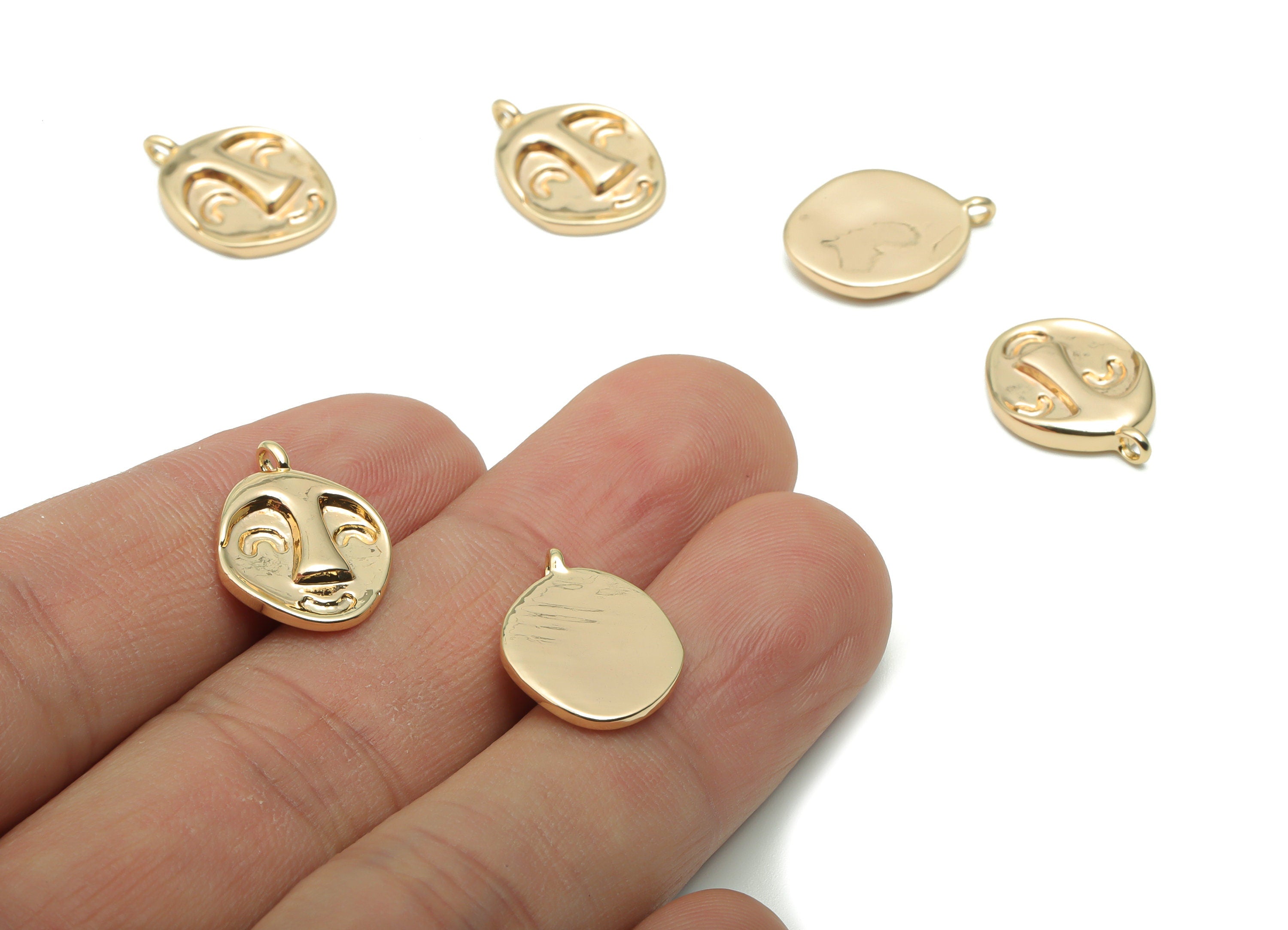 Brass Oval Face Earring Charms - Gold Woman Smiley Artistic Oval Pendant - 18K Real Gold Plated Brass - 17.01x12.2x2.6mm -RGP4264 - DOMEDBAZAAR