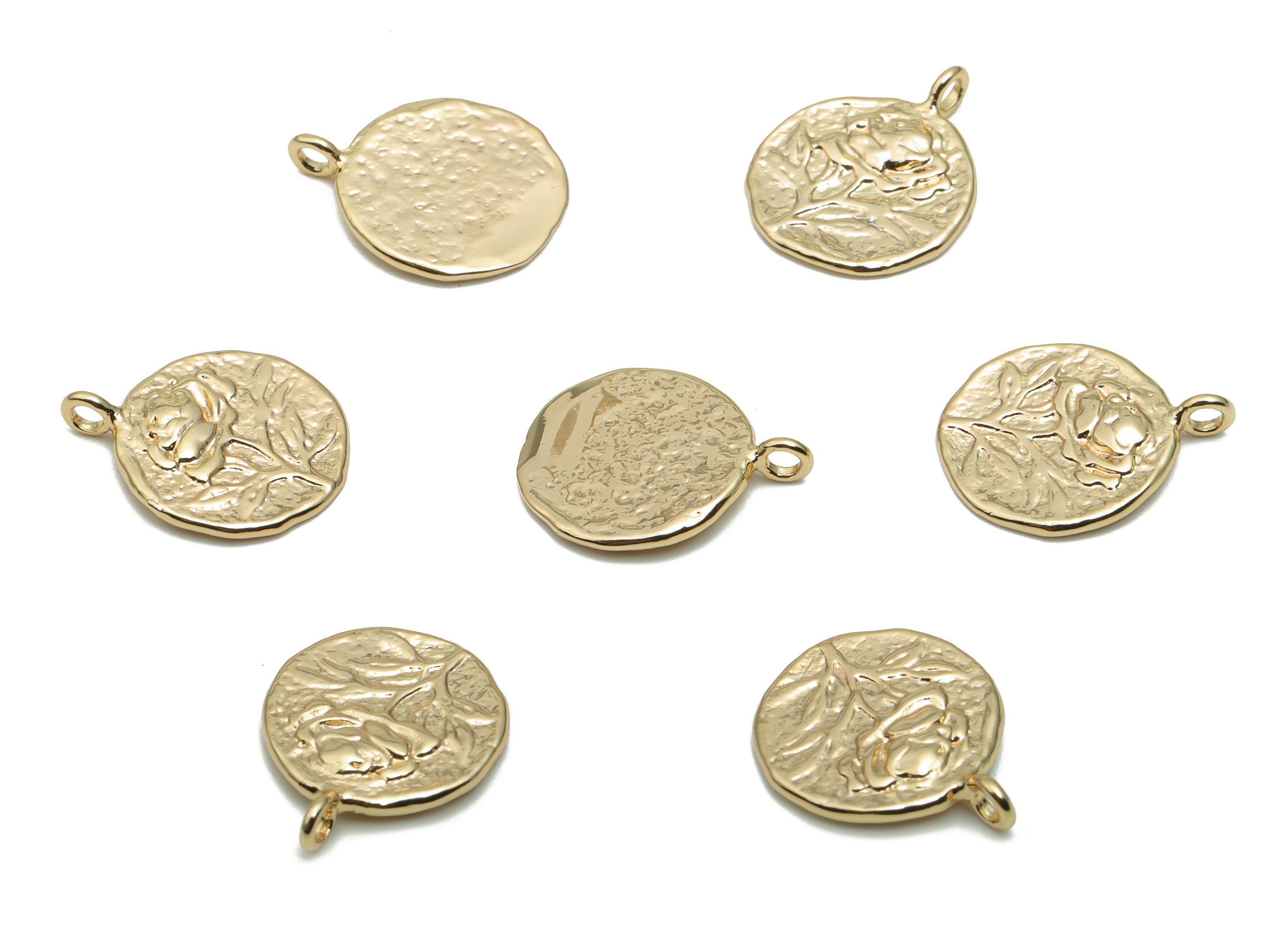 Brass Hammered Round Rose Flower Earring Charms - Gold Circle Flower Pendant - 18K Real Gold Plated Brass - 15.57x12.64x1.73mm - RGP4233 - DOMEDBAZAAR