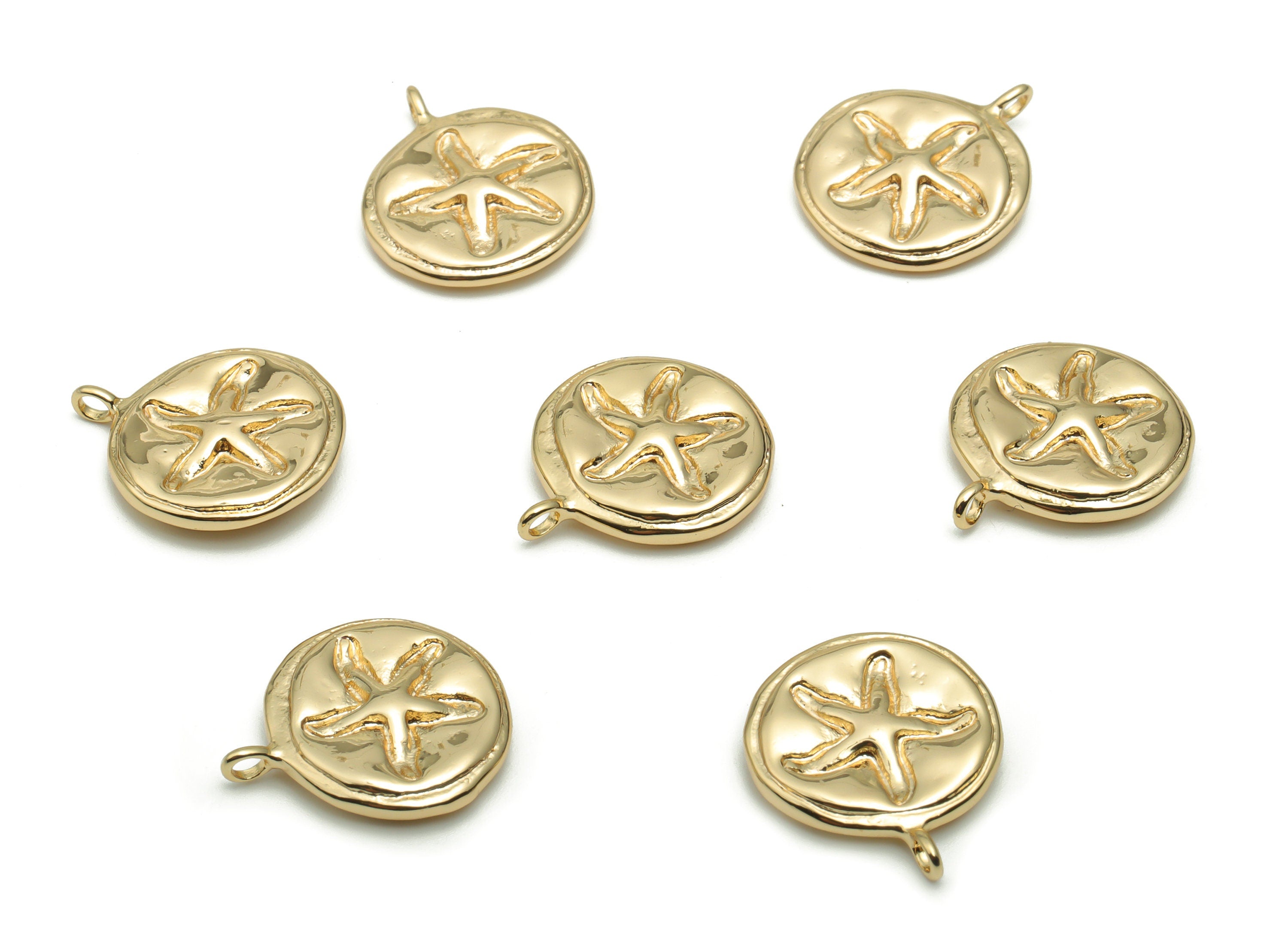 Brass Round Starfish Earring Charms - Gold Starfish Circle Pendant - 18K Real Gold Plated Brass - Jewelry Supplies - 16.9x14.5x3.3mm-RGP4244 - DOMEDBAZAAR