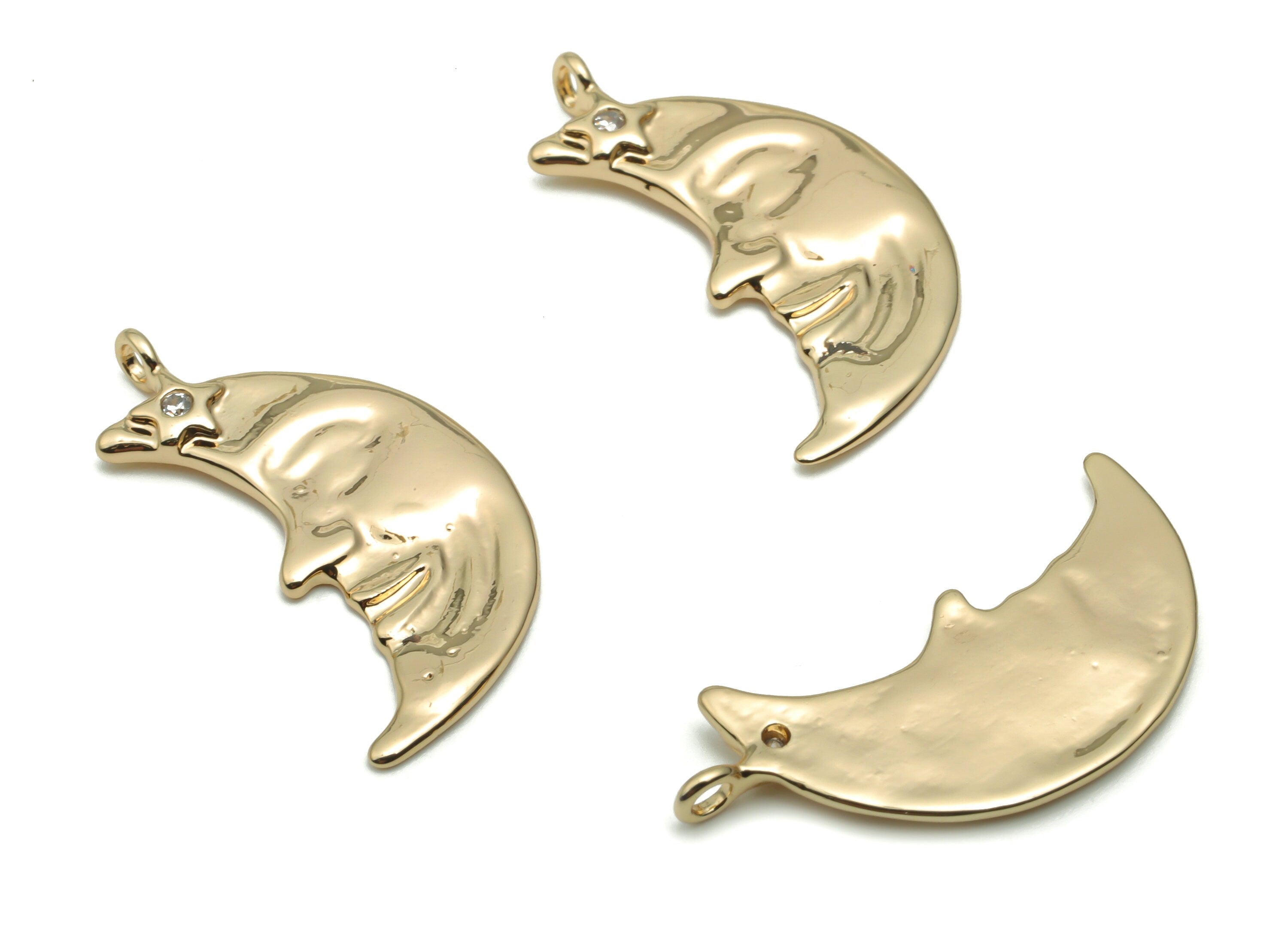 Brass Moon Smiley Face Earring Charms With Zircons - Gold Crescent Star Pendant - 18K Real Gold Plated Brass - 25.08x13.15x1.04mm - RGP4221 - DOMEDBAZAAR