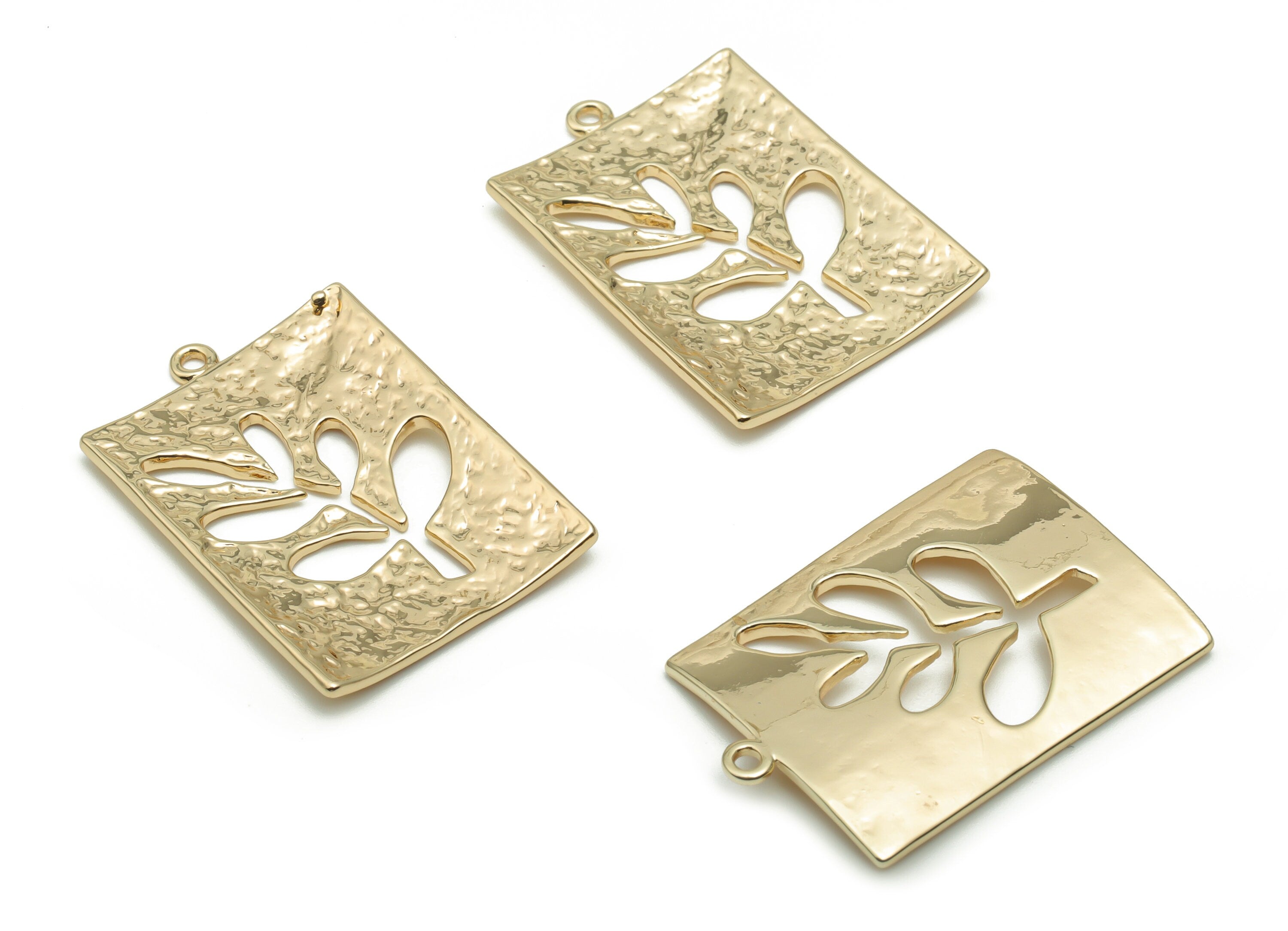 Brass Hammered Square Branch Earring Charms - Gold Leafs Square Pendant - 18K Real Gold Plated Brass - 31.09x21.66x1.39mm - RGP4247 - DOMEDBAZAAR