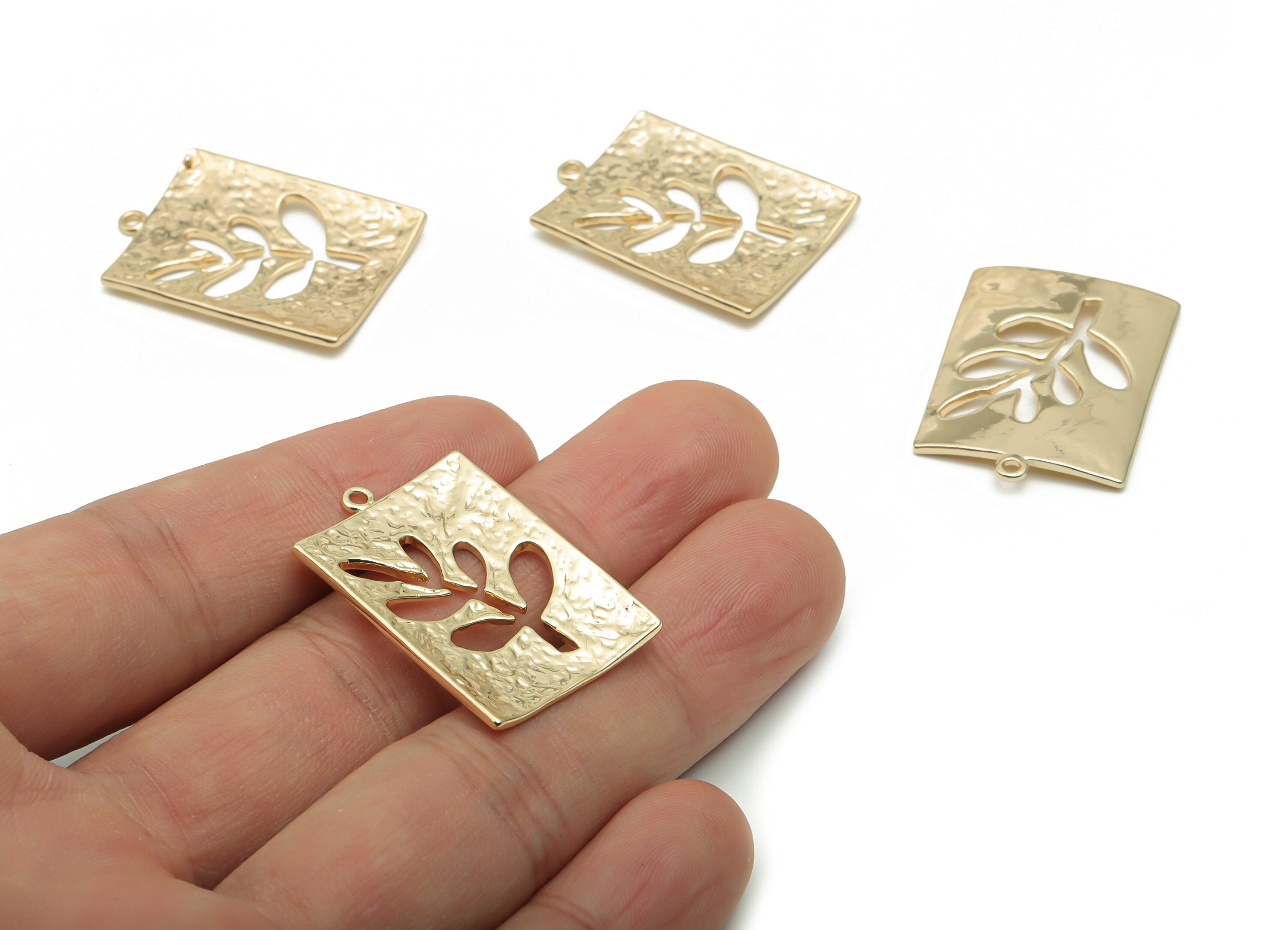 Brass Hammered Square Branch Earring Charms - Gold Leafs Square Pendant - 18K Real Gold Plated Brass - 31.09x21.66x1.39mm - RGP4247 - DOMEDBAZAAR