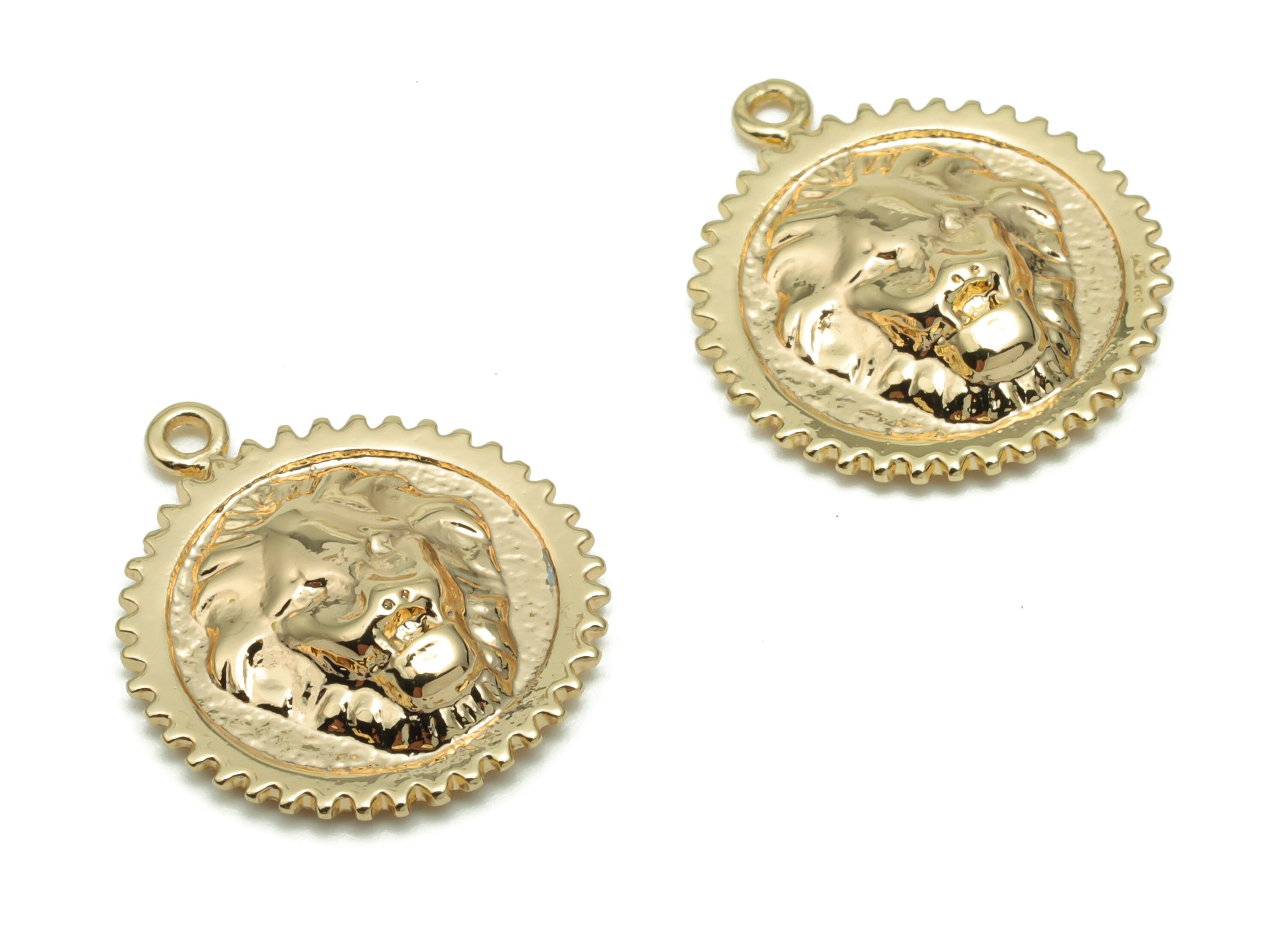 Brass Round Lion King Earring Charms - Gold Beasts Circle Pendant - 18K Real Gold Plated Brass - Jewelry Supplies - 18x15.4x1.5mm - RGP4241 - DOMEDBAZAAR