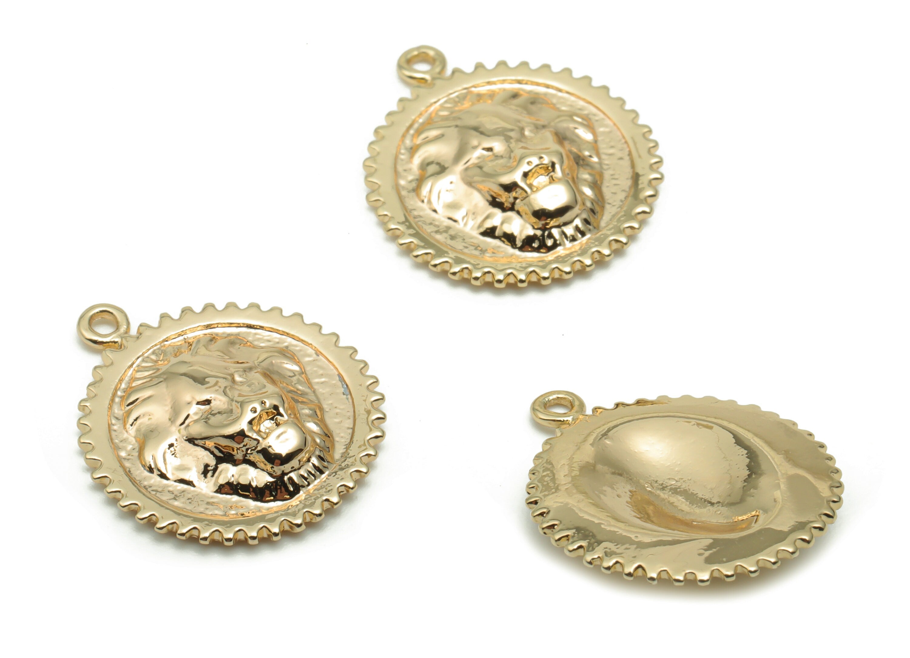 Brass Round Lion King Earring Charms - Gold Beasts Circle Pendant - 18K Real Gold Plated Brass - Jewelry Supplies - 18x15.4x1.5mm - RGP4241 - DOMEDBAZAAR