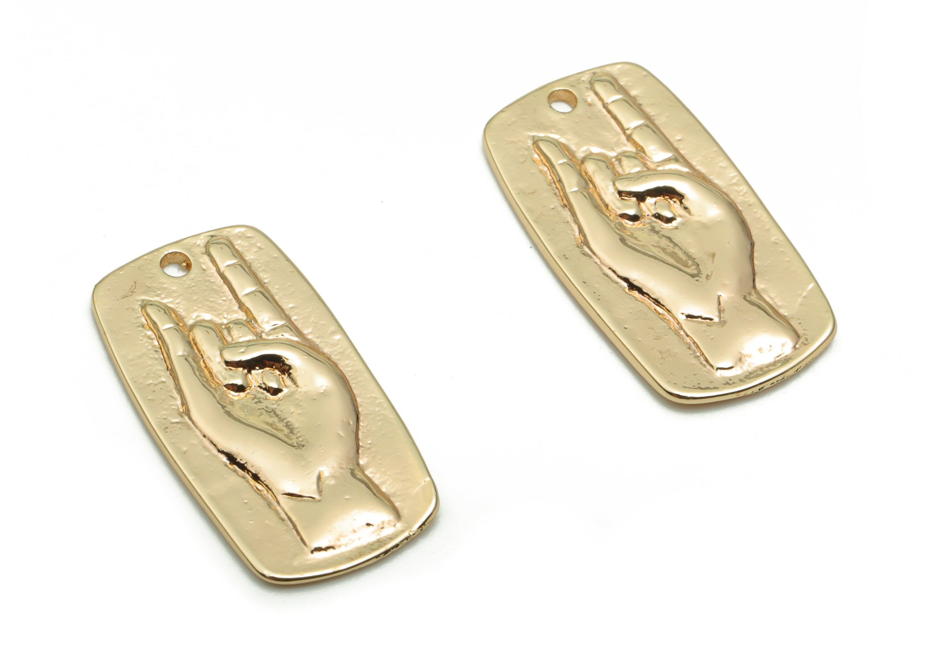 Brass Texture Hand Sign Earring Charms - Gold Rectangle Hand Love Pendant - 18K Real Gold Plated Brass - 19.46x10.14x1.34mm - RGP4256 - DOMEDBAZAAR