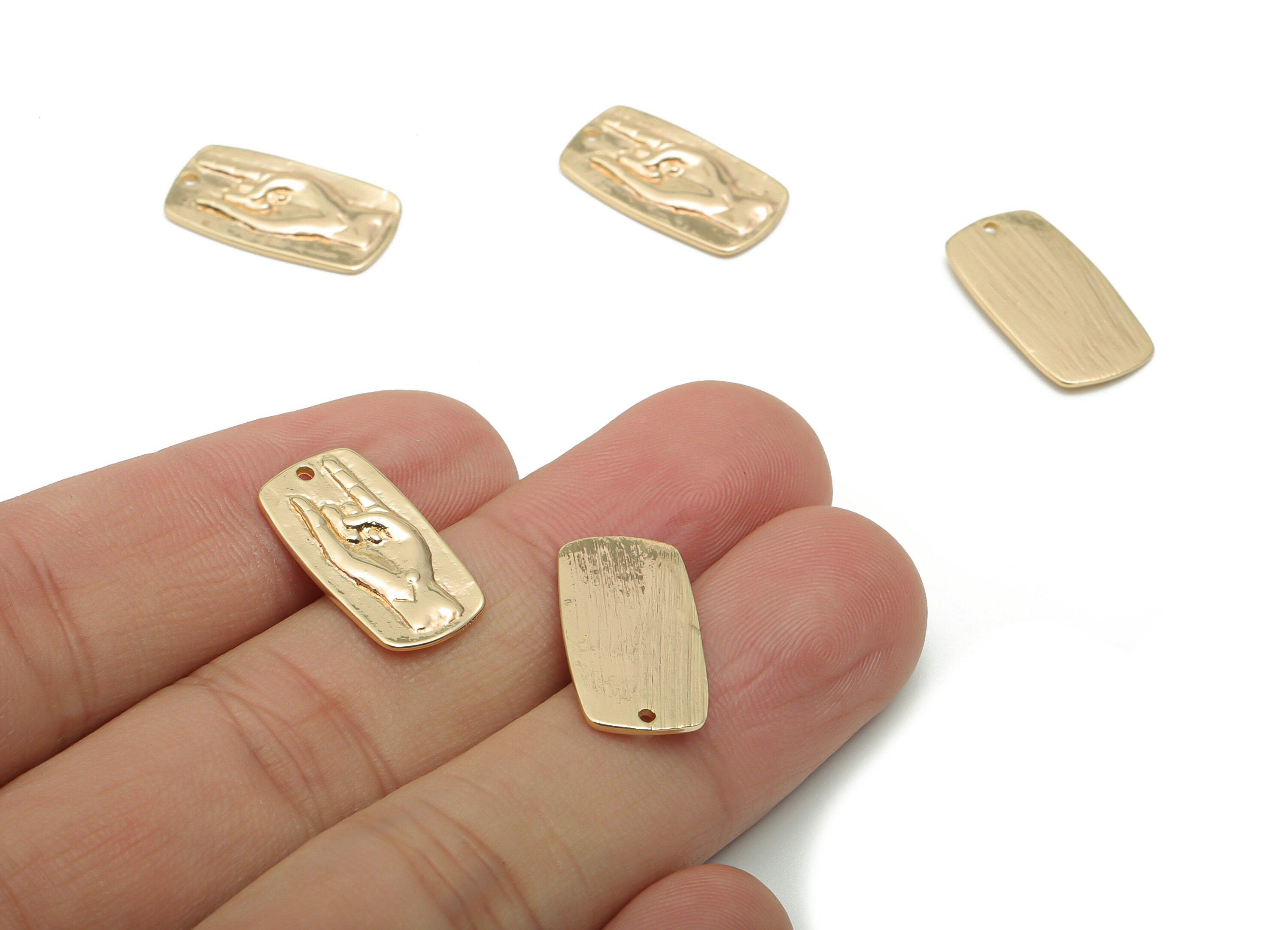 Brass Texture Hand Sign Earring Charms - Gold Rectangle Hand Love Pendant - 18K Real Gold Plated Brass - 19.46x10.14x1.34mm - RGP4256 - DOMEDBAZAAR
