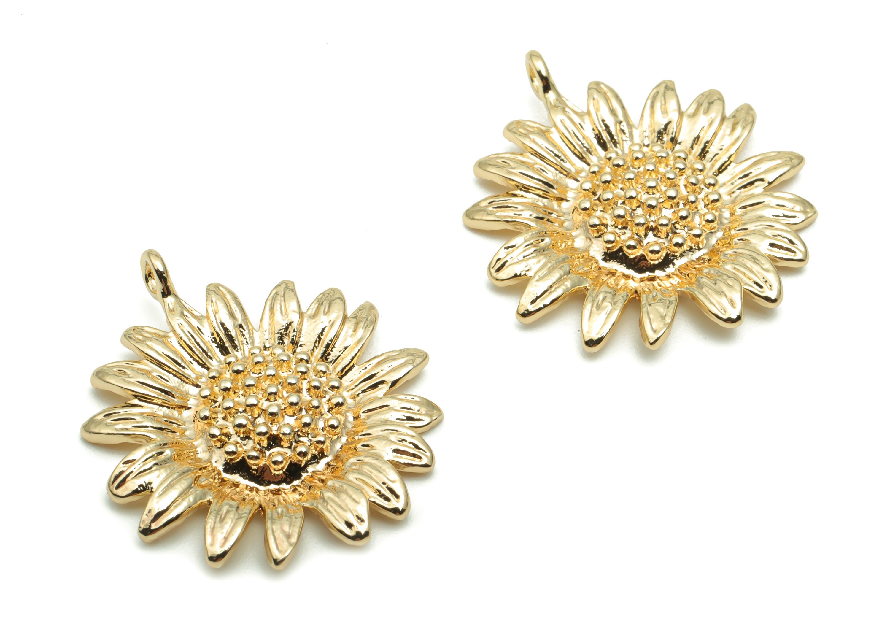 Brass Texture Sunflower Earring Charms - Gold Sunflower Pendant - 18K Real Gold Plated Brass - Jewelry Supplies - 22.26x19.4x3.4mm - RGP4245 - DOMEDBAZAAR