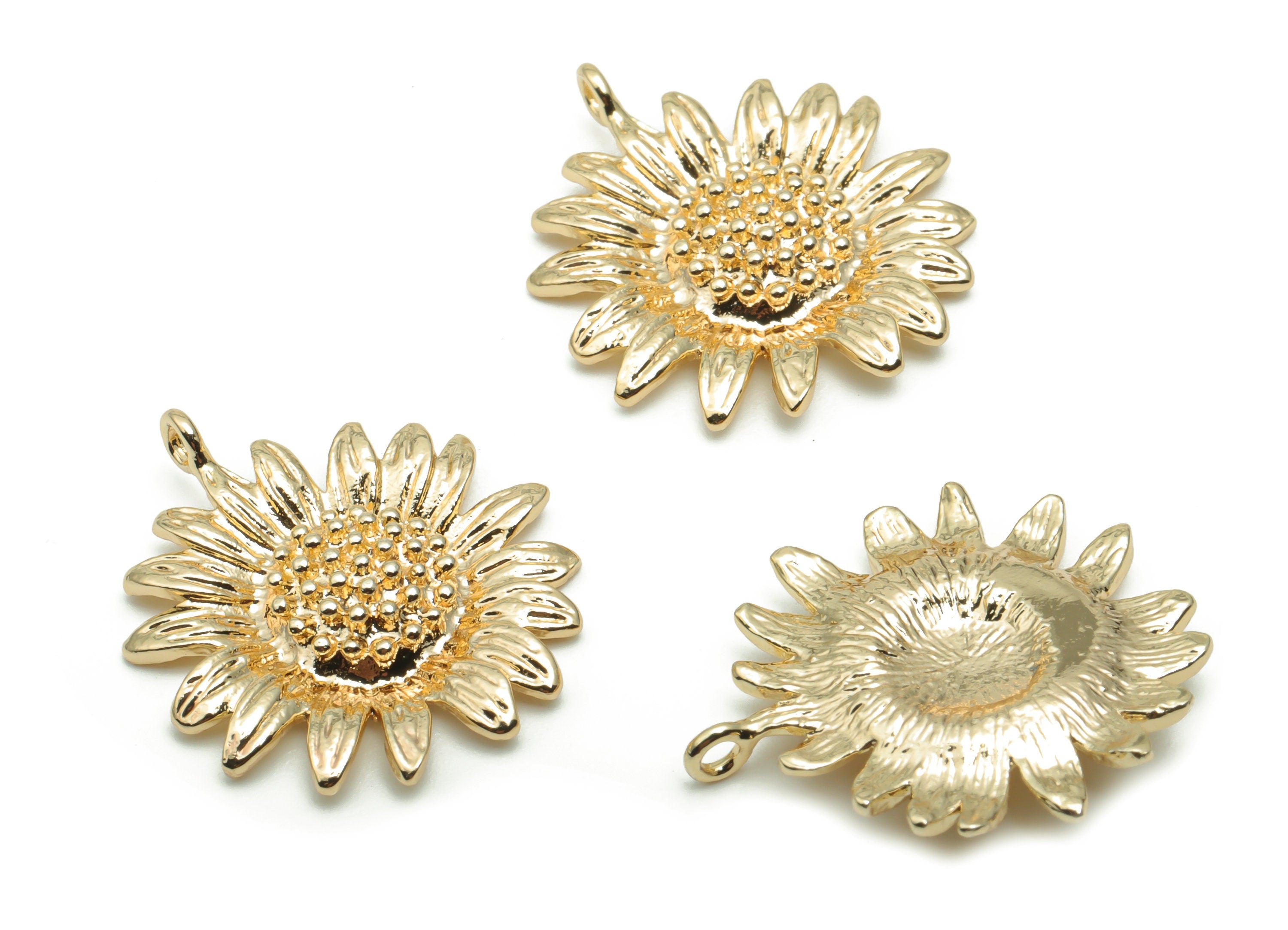 Brass Texture Sunflower Earring Charms - Gold Sunflower Pendant - 18K Real Gold Plated Brass - Jewelry Supplies - 22.26x19.4x3.4mm - RGP4245 - DOMEDBAZAAR