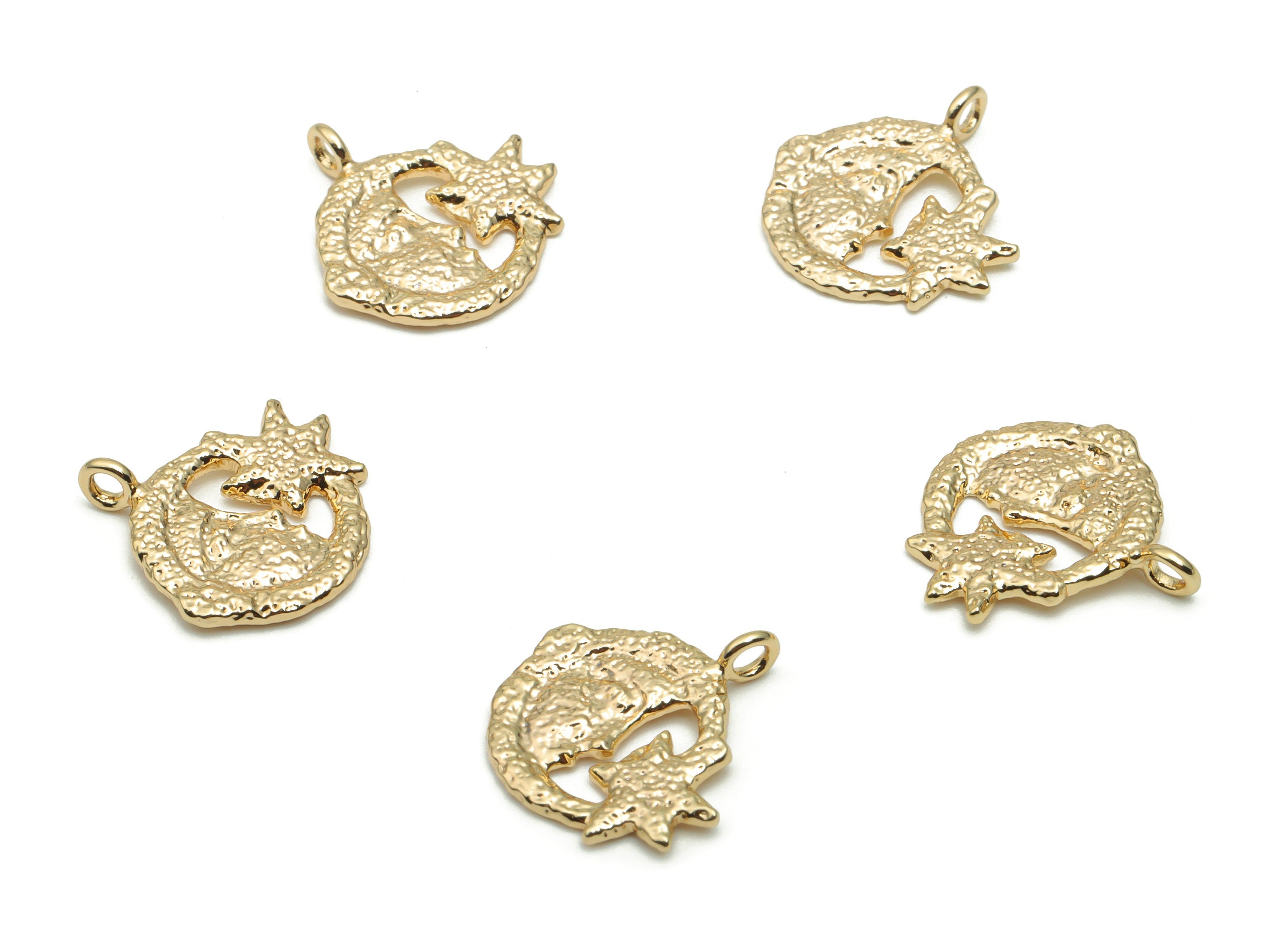 Brass Hammered Moon Face Star Earring Charms - Gold Round Crescent Pendant - 18K Real Gold Plated Brass - 13.92x13.45x1.13mm - RGP4224 - DOMEDBAZAAR