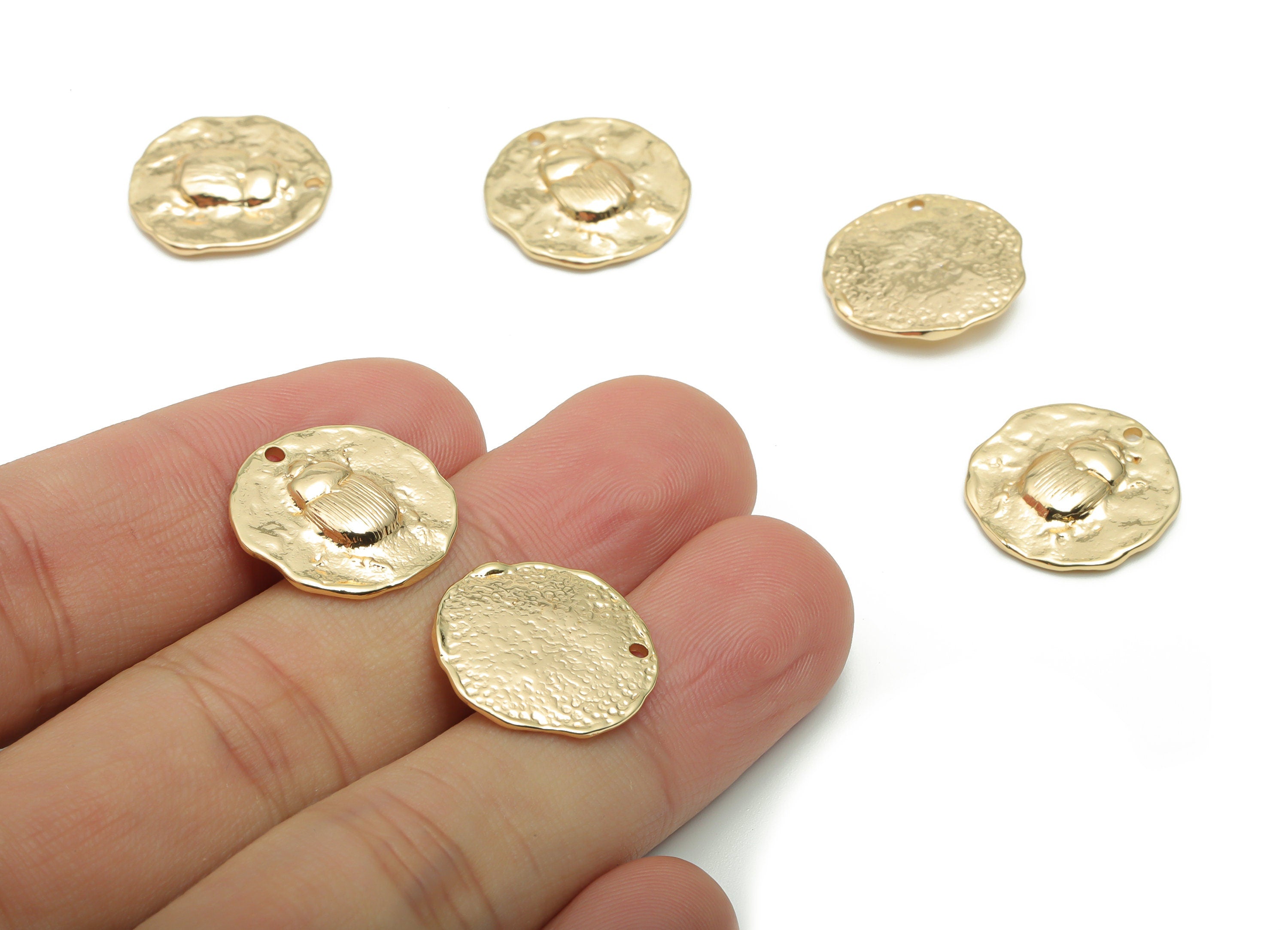 Brass Round Beetle Earring Charms - Gold Insect Circle Pendant - Old Age Charm - 18K Real Gold Plated Brass - 17.43x16.9x2.96mm - RGP4257 - DOMEDBAZAAR