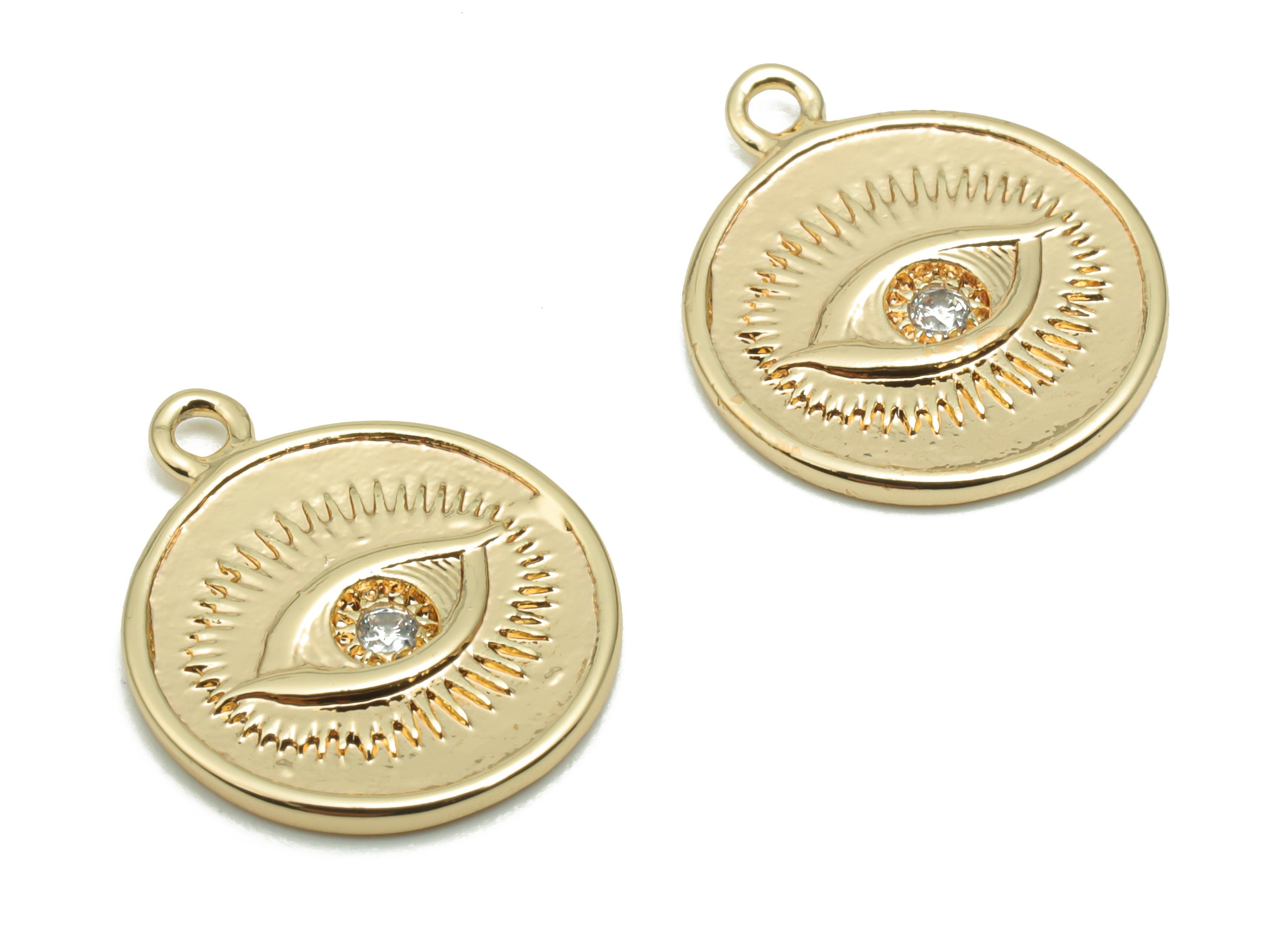 Brass Round Eye Earring Charms With Zircons - Gold Eyelash Circle Pendant - 18K Real Gold Plated Brass - 16.48x13.88x1.43mm - RGP4276 - DOMEDBAZAAR