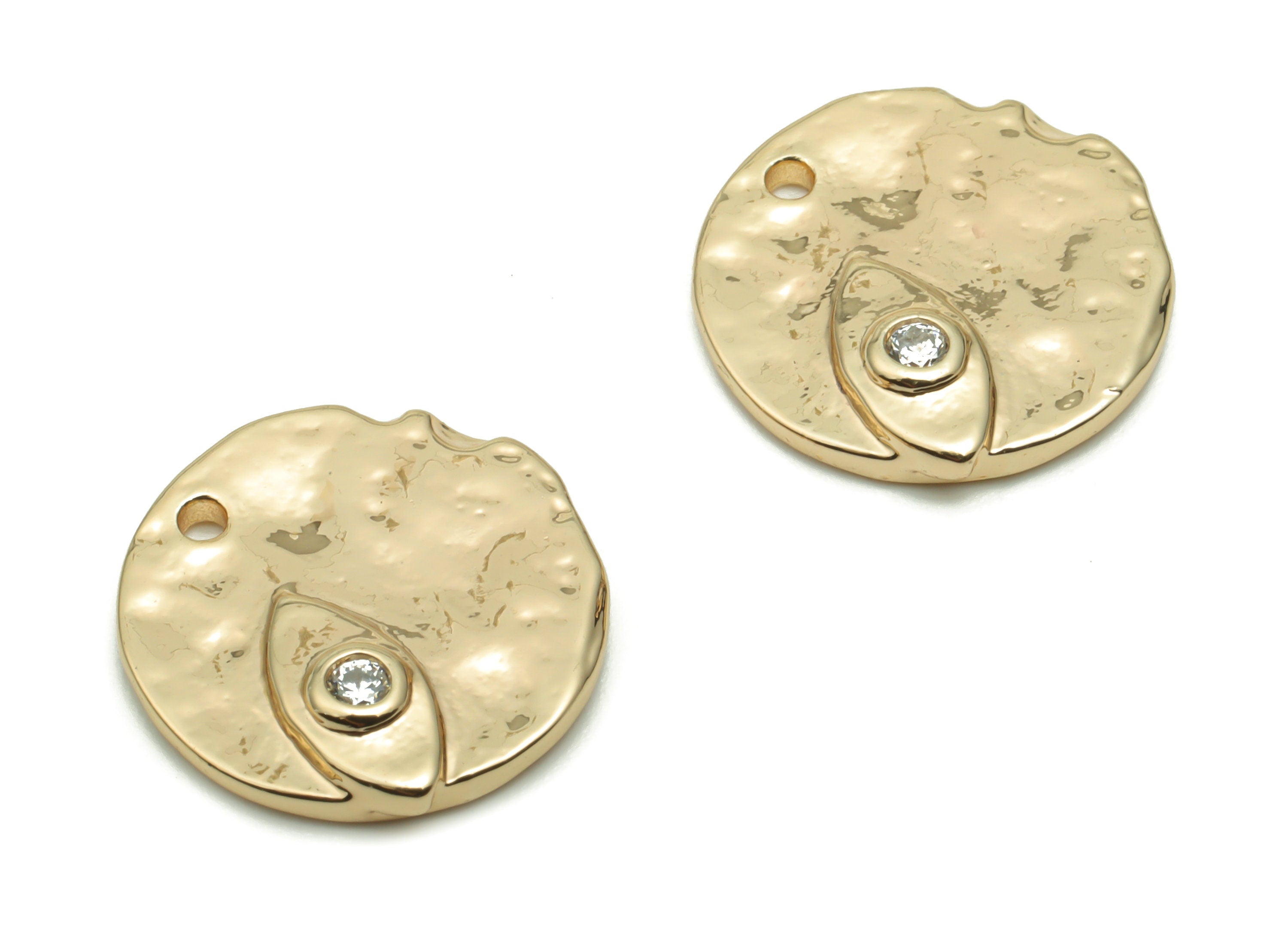 Brass Hammered Round Eye Earring Charms With Zircons - Gold Eye Circle Pendant - 18K Real Gold Plated Brass - 14.68x14.54x2.07mm - RGP4271 - DOMEDBAZAAR