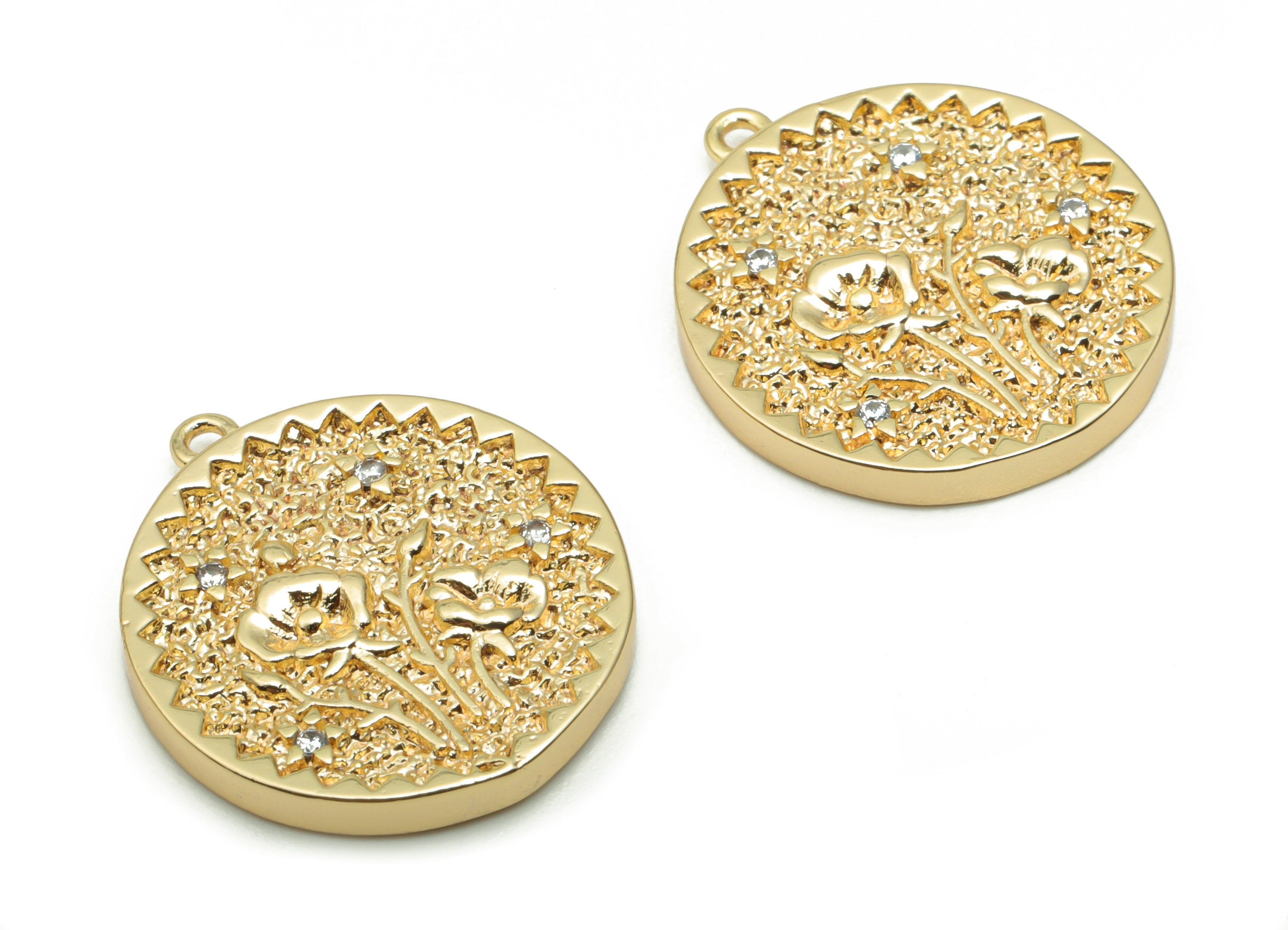 Brass Texture Round Flowers Charms With Zircons - Gold Fossil Dragonfly Pendant - 18K Real Gold Plated Brass - 19.6x17.4x2.4mm - RGP4277 - DOMEDBAZAAR