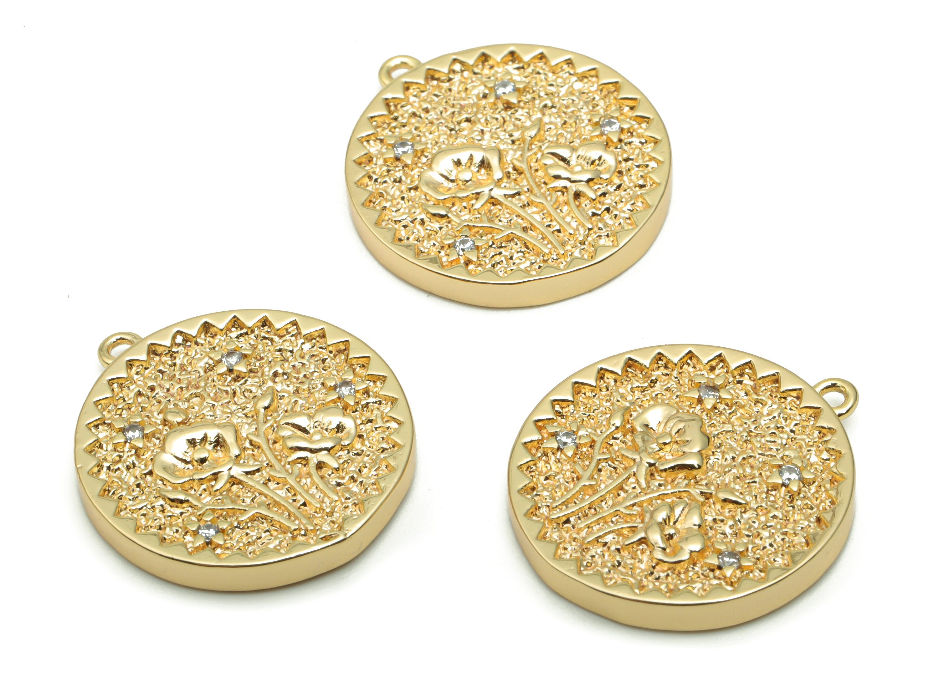 Brass Texture Round Flowers Charms With Zircons - Gold Fossil Dragonfly Pendant - 18K Real Gold Plated Brass - 19.6x17.4x2.4mm - RGP4277 - DOMEDBAZAAR