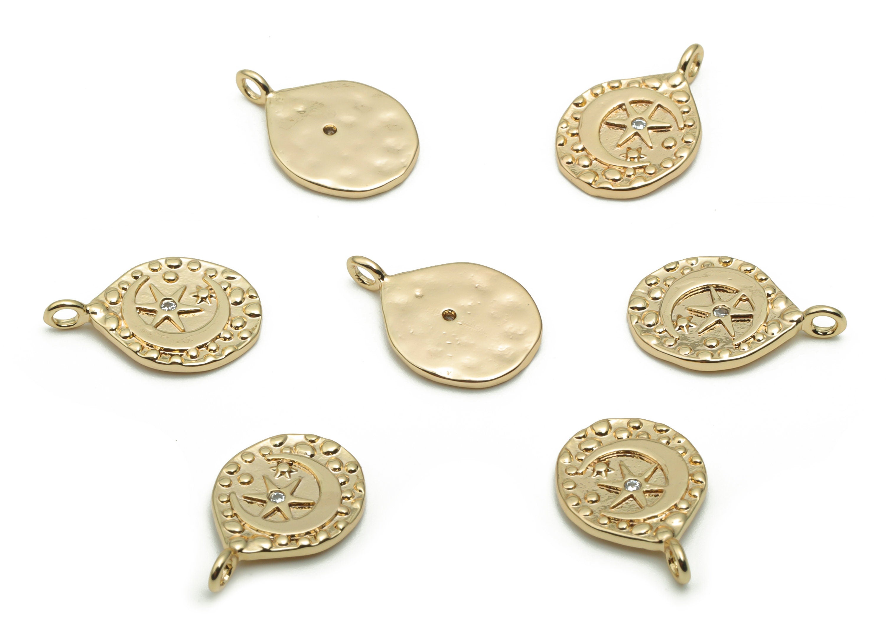 Brass Spotty Round Spotted Moon Star Charms With Zircons - Gold Crescent Circle Pendant - 18K Real Gold Plated Brass - 15x10x1mm - RGP4228 - DOMEDBAZAAR