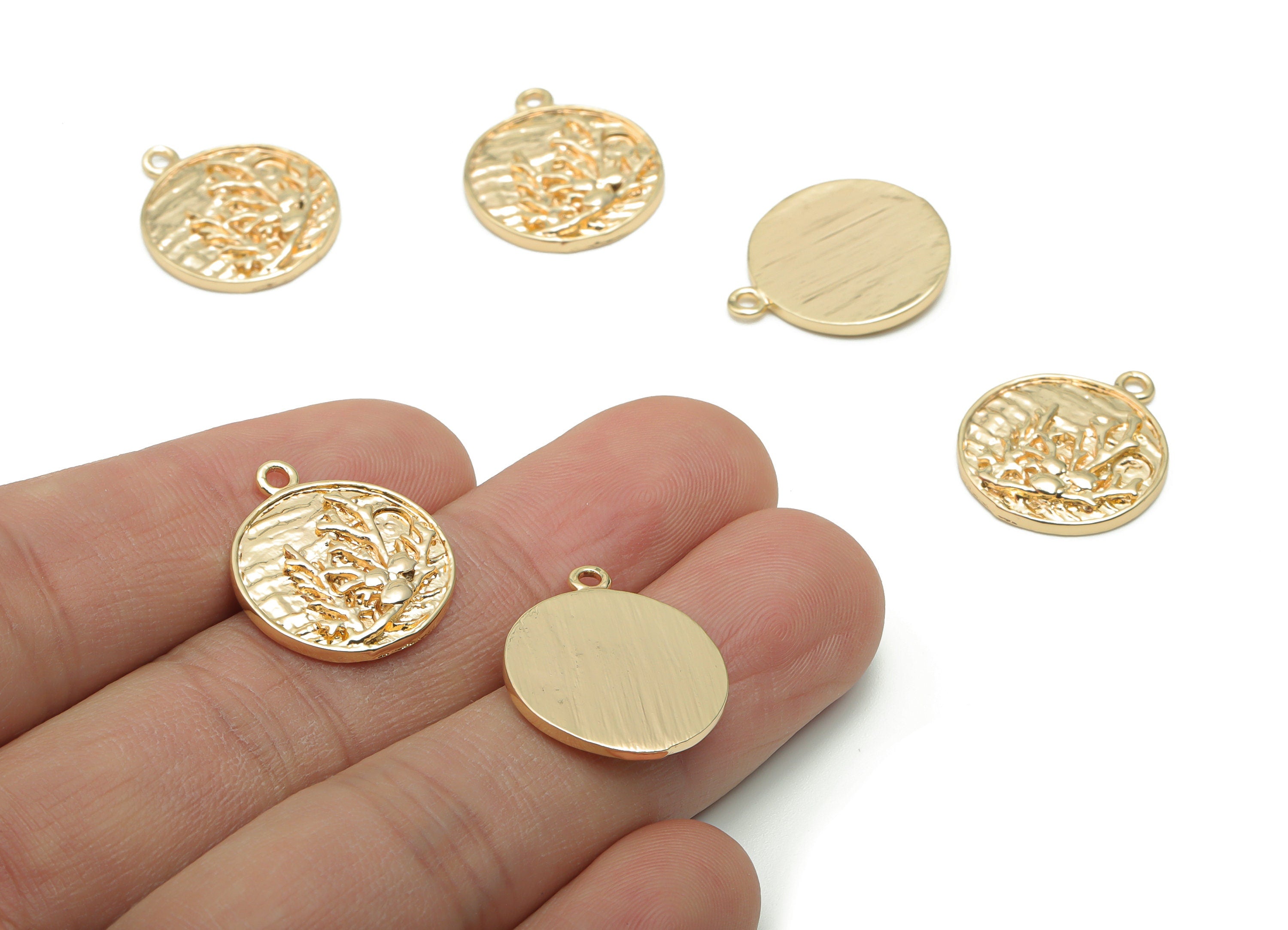 Brass Texture Round Branches Earring Charms - Gold Tree Circle Pendant - 18K Real Gold Plated Brass - 20.45x17.54x2.08mm - RGP4234 - DOMEDBAZAAR