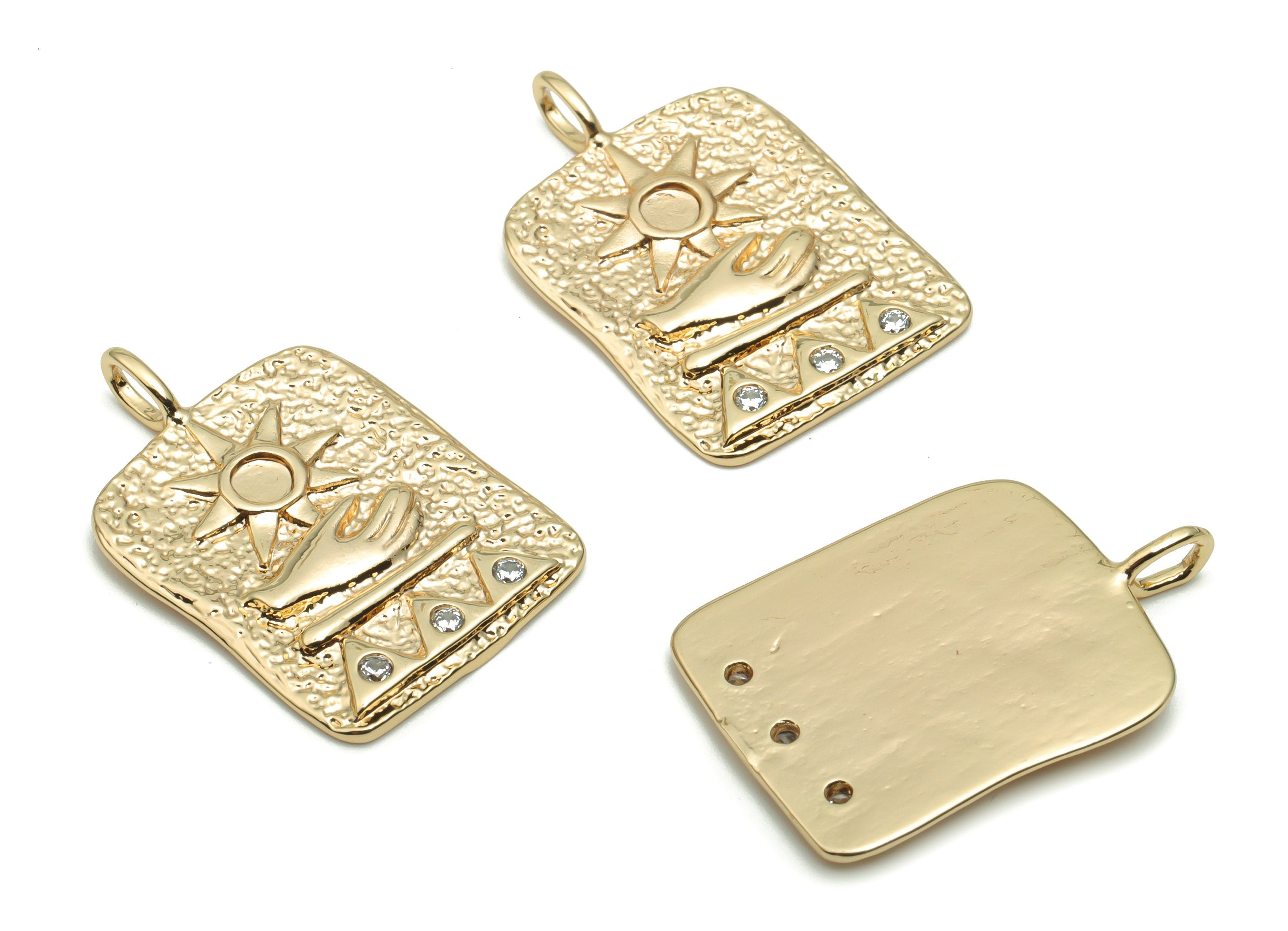 Brass  Spotty Hold The Sun In Your Hand Charms With Zircons - Gold Square Mountains Sun Hand Pendant - 26.67x17.42x1.61mm - RGP4273 - DOMEDBAZAAR