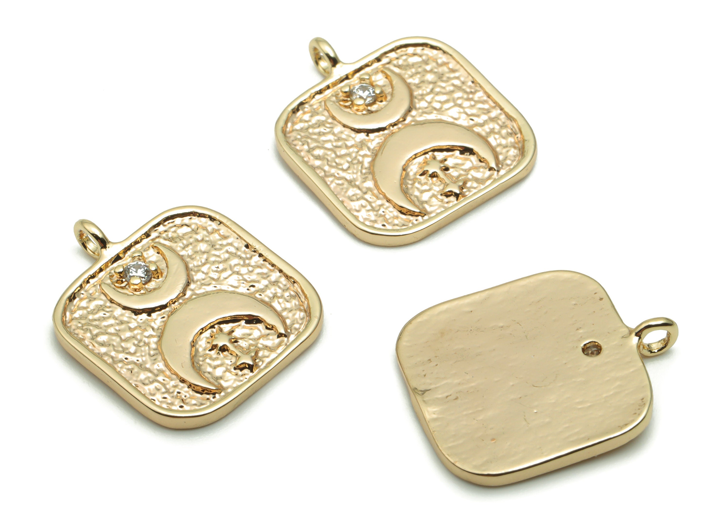 Brass Hammered Square Crescent Charms With Zircons - Gold Phase Of The Moon Pendant - 18K Real Gold Plated Brass - 16.8x14.1x1.5mm - RGP4220 - DOMEDBAZAAR