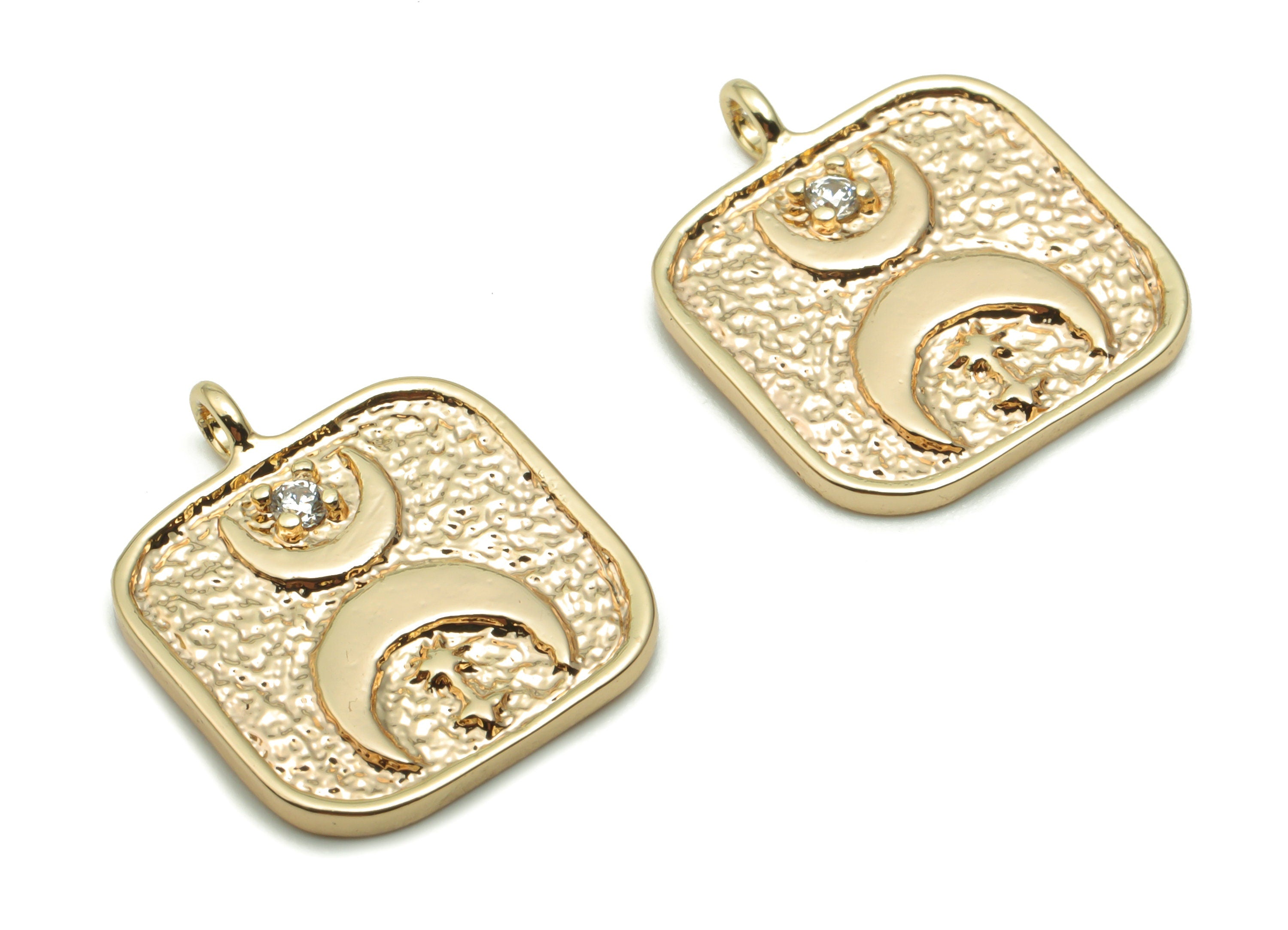 Brass Hammered Square Crescent Charms With Zircons - Gold Phase Of The Moon Pendant - 18K Real Gold Plated Brass - 16.8x14.1x1.5mm - RGP4220 - DOMEDBAZAAR