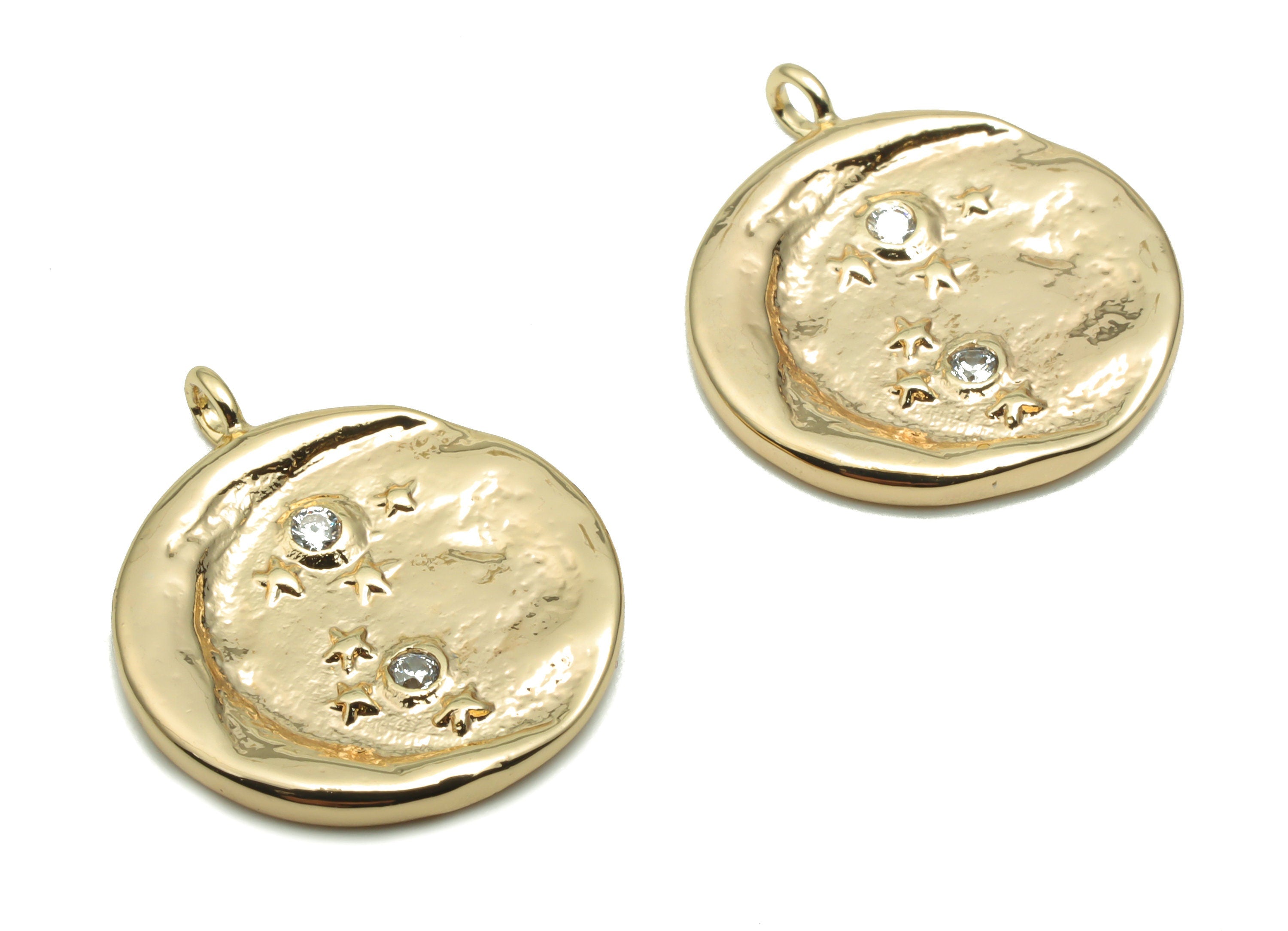 Brass Mini Round Moon Star Charms With Zircons - Gold Crescent Pendant - Old Age Charm - 18K Real Gold Plated Brass -19.2x16.7x1.7mm-RGP4275 - DOMEDBAZAAR